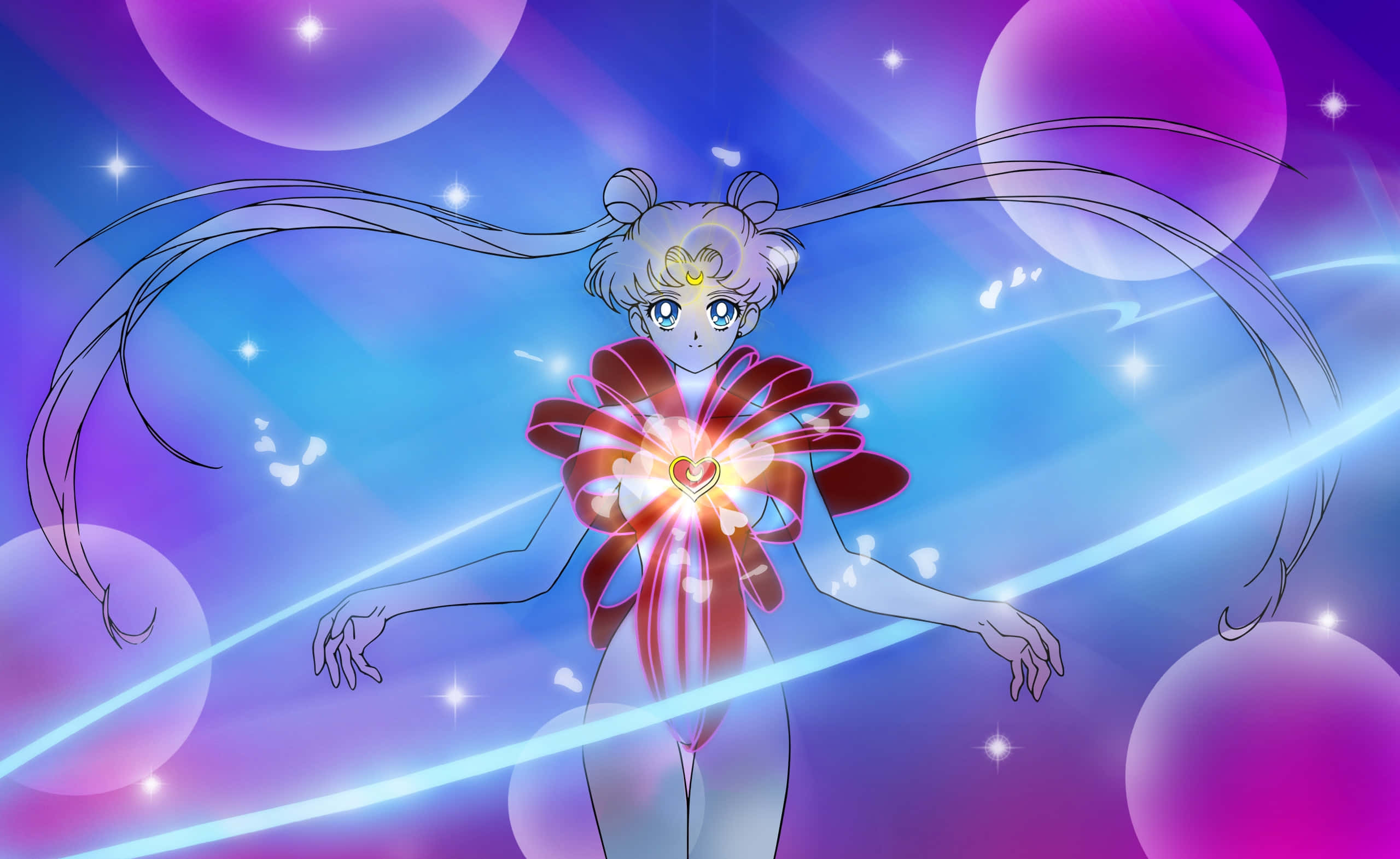 美少女戰士 桌布 壁紙 — 動畫角色美少女戰士在星光紫藍色背景下，透過發光的紅色蝴蝶結引導宇宙能量。