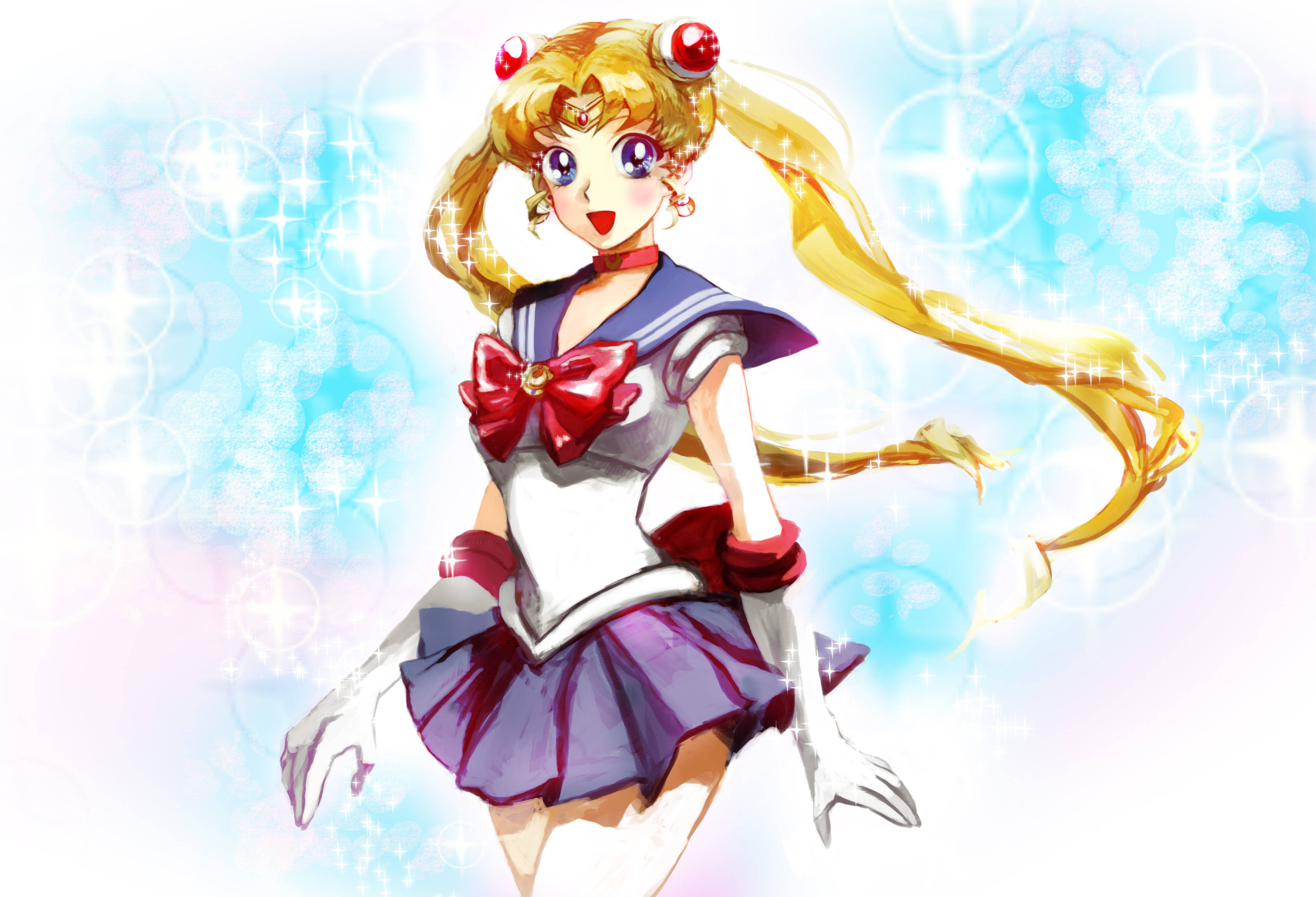 sailor moon 4K 桌布 壁紙 — 動畫角色美少女戰士穿著標誌性的水手服，飄逸的金色頭髮和閃閃發光的藍色背景。