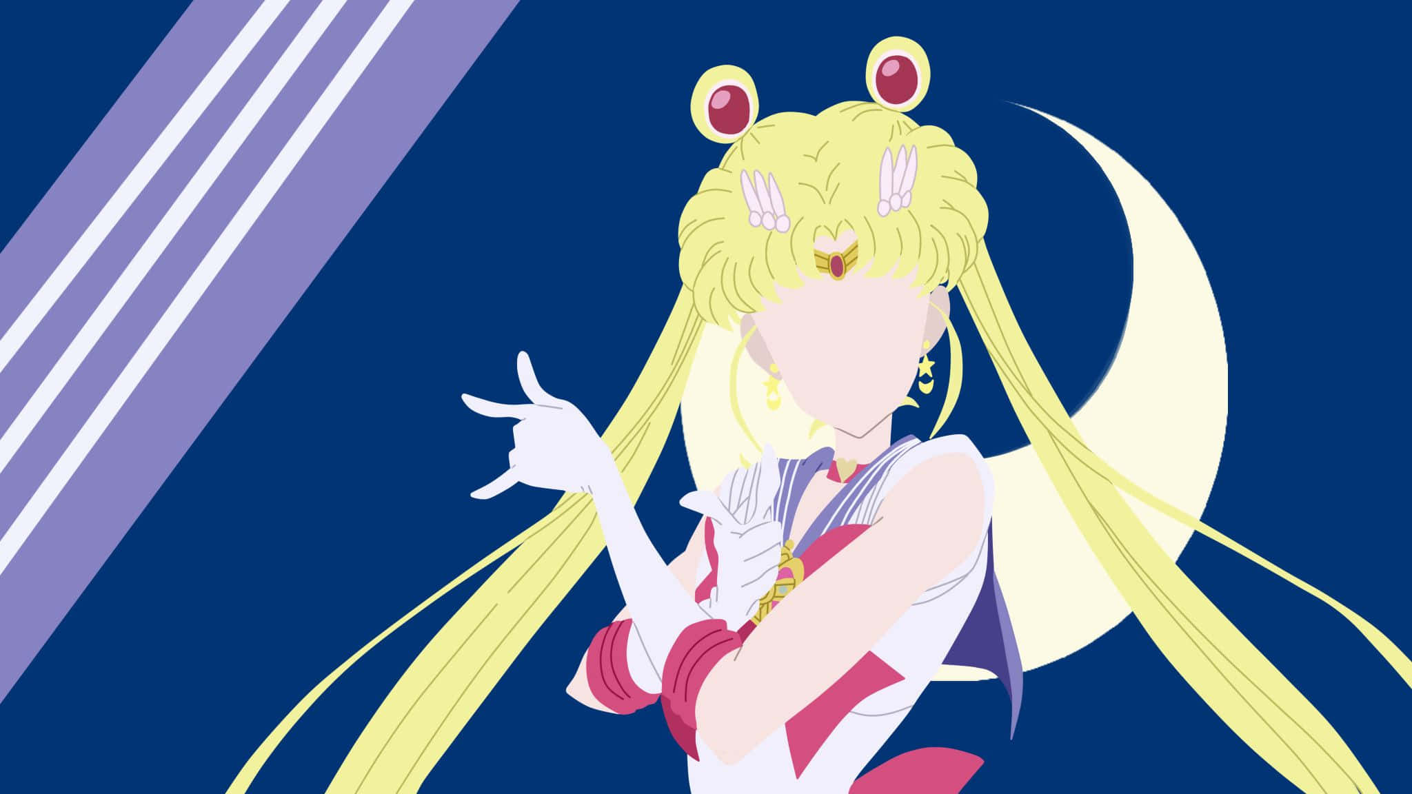Aesthetic Sailor Moon 桌布 壁紙 — 動畫角色美少女戰士自信地擺姿勢，背景是深藍色背景上的新月和紫色對角線條紋。
