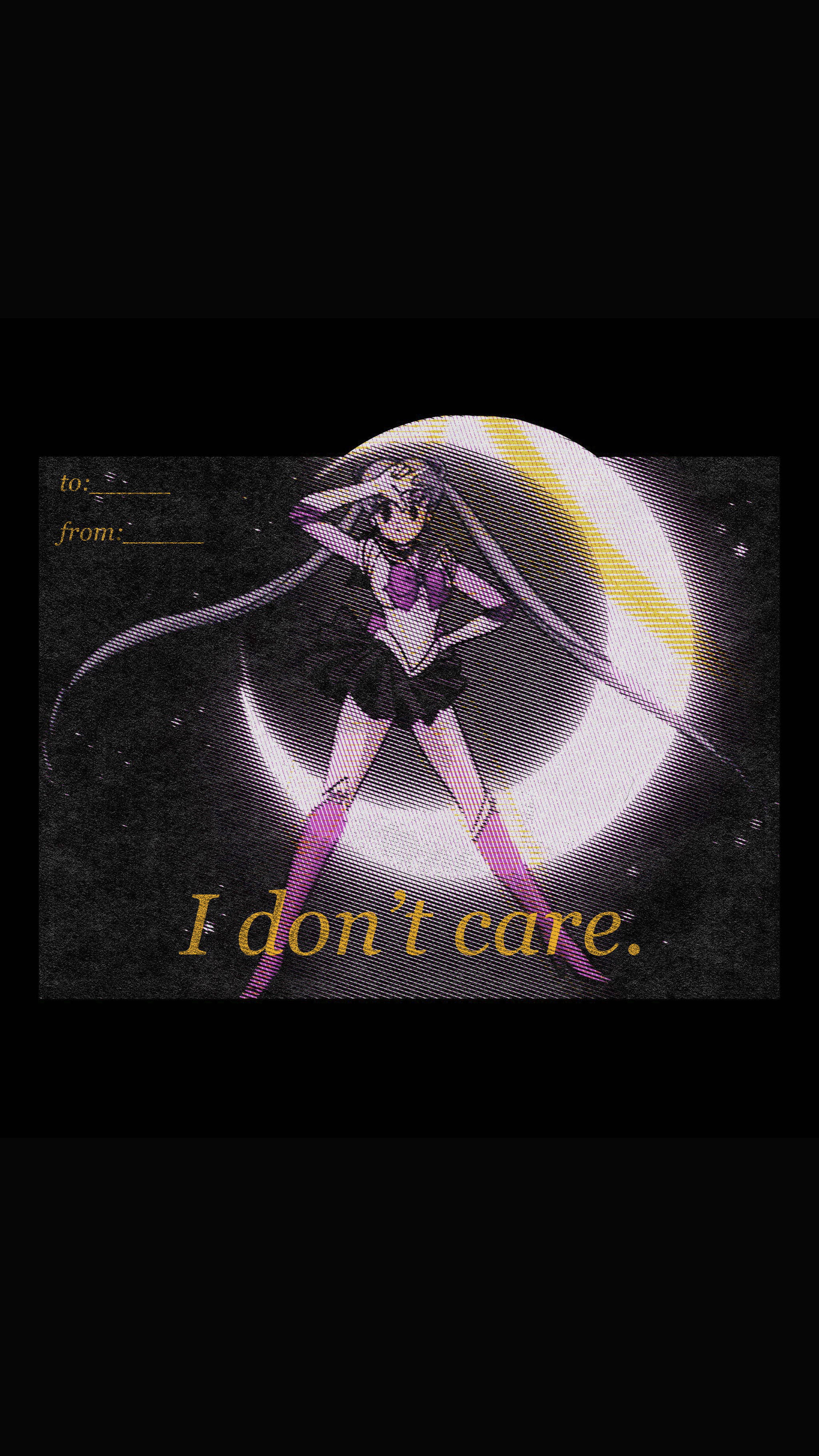 I Dont Care 桌布 壁紙 — 動畫角色美少女戰士自信地站在發光的彎月前，背景是繁星點點的夜空，並帶有文字「我不在乎」。