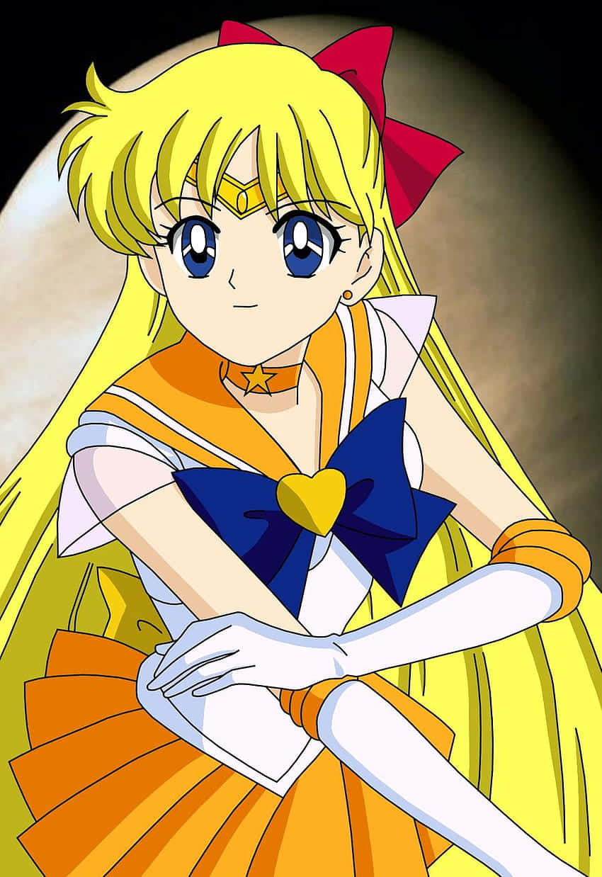 Sailor Venus 桌布 壁紙 — 動畫角色美少女戰士自信地站立，身穿標誌性的橙色和藍色水手服，背景是滿月。