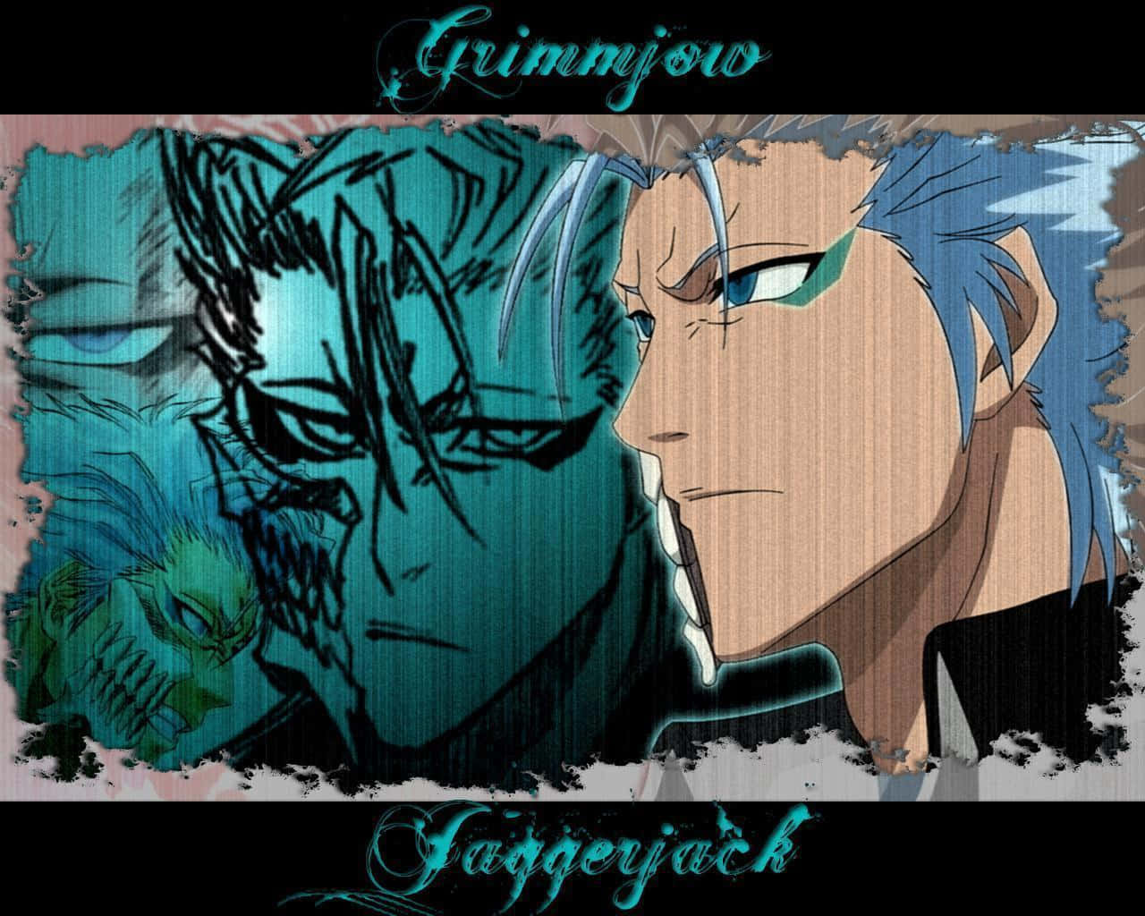 Grimmjow Jaegerjaquez 桌布 壁紙 — 動畫角色葛力姆喬（Grimmjow）擁有藍色頭髮和銳利眼神，在帶有紋理的青綠色和棕色背景前強烈凝視。