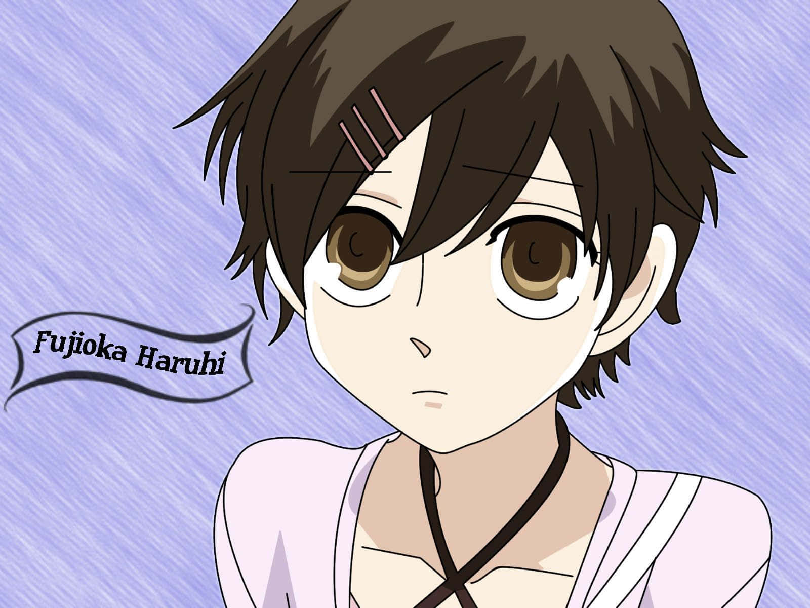 haruhi fujioka 桌布 壁紙 — 動畫角色藤岡春緋，棕色頭髮和眼睛，在紫色條紋背景前直視前方。