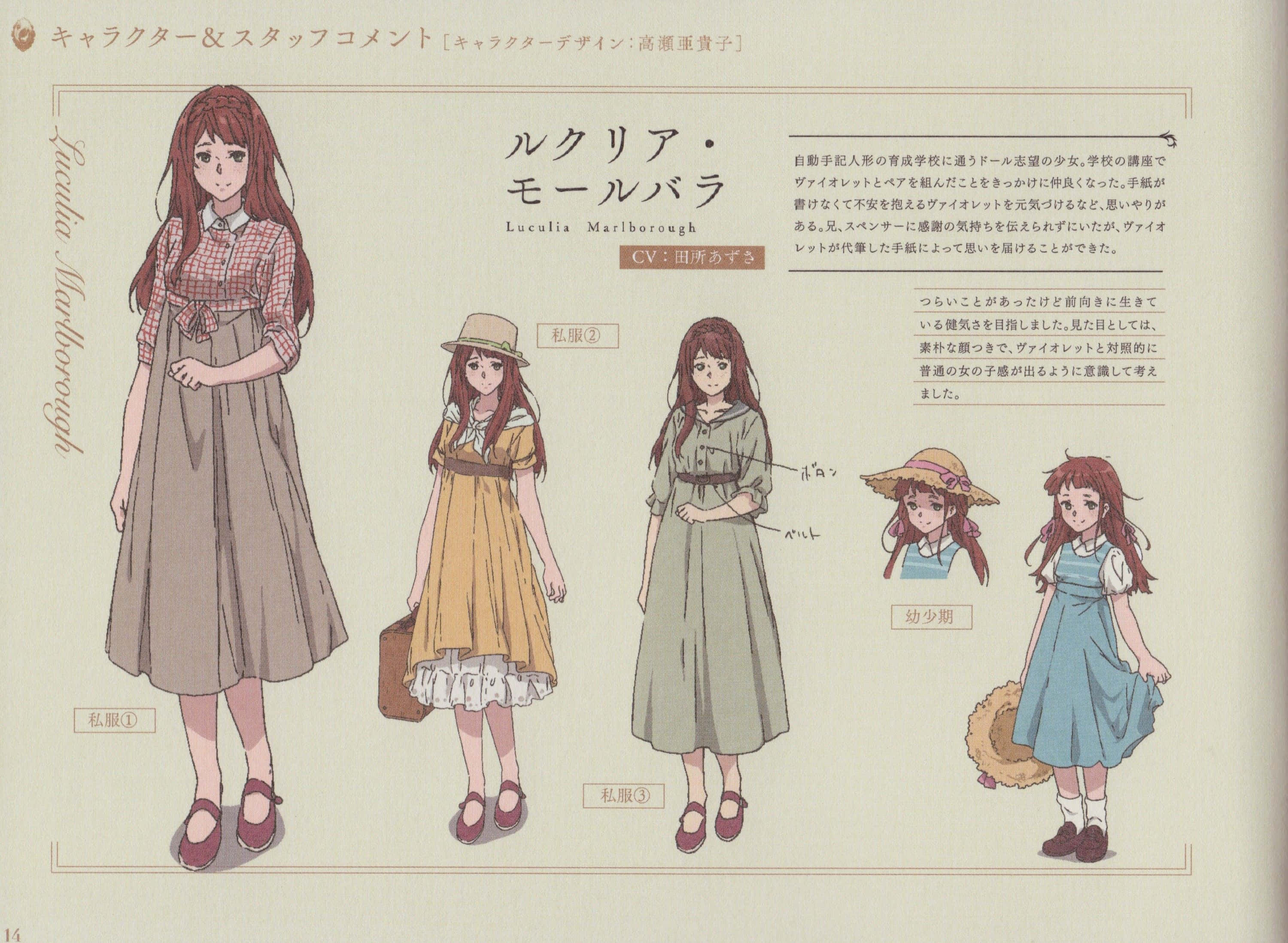 Luculia Marlborough 桌布 壁紙 — 動畫角色設計表，展示Luculia Mariborough的四種不同服裝和年齡，附有日文文字註解。