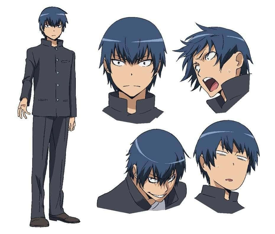 Ryuuji Takasu 桌布 壁紙 — 動畫角色設計表，展示一位藍髮年輕男子的各種表情和姿勢。
