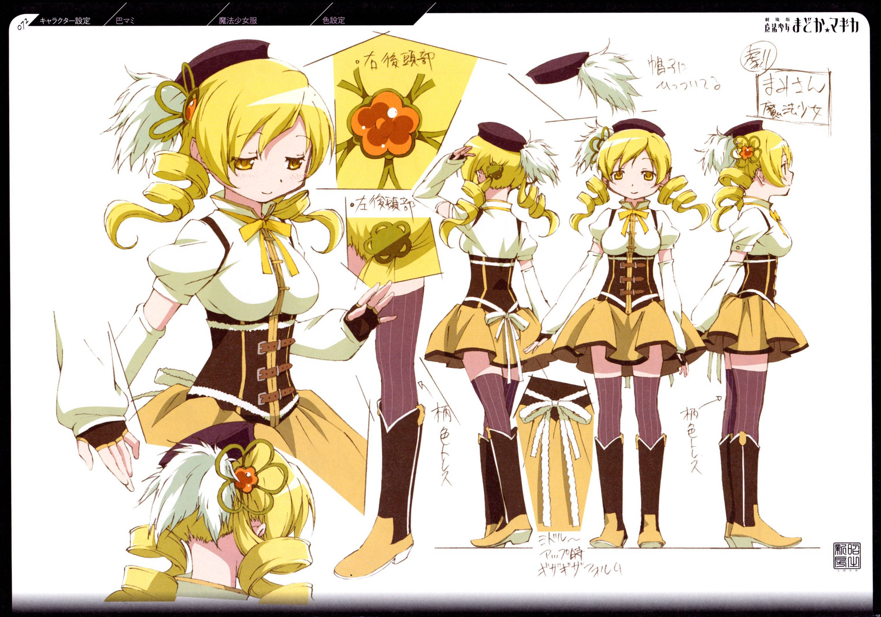 Madoka 桌布 壁紙 — 動畫角色設計表，從多個角度展示一位金髮女孩穿著黃色和棕色服裝，並附有日文註釋。