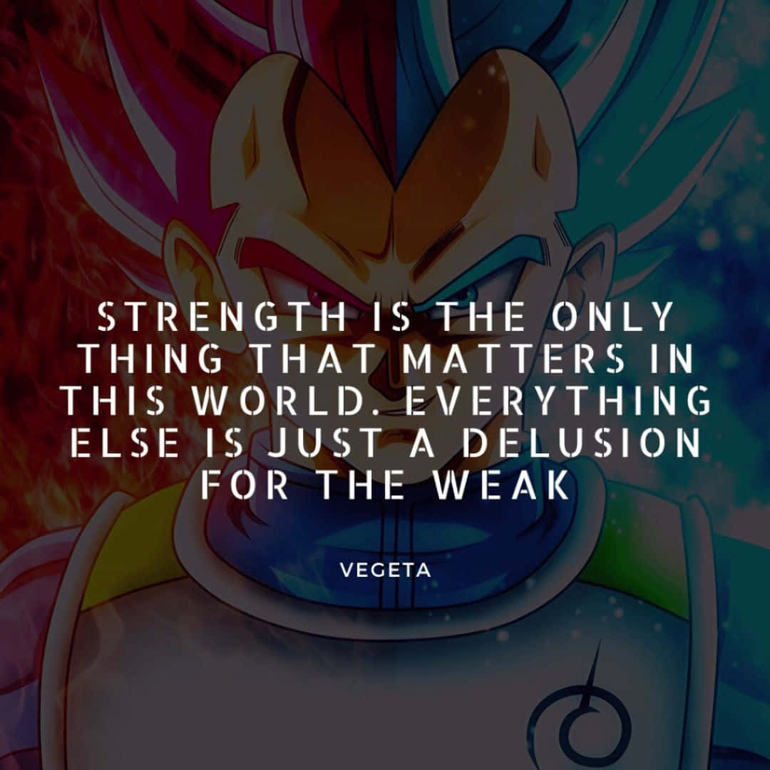 Vegeta Quotes 桌布 壁紙 — 動畫角色貝吉塔，擁有火焰般的頭髮和強烈的表情，上面覆蓋著粗體白色勵志名言。