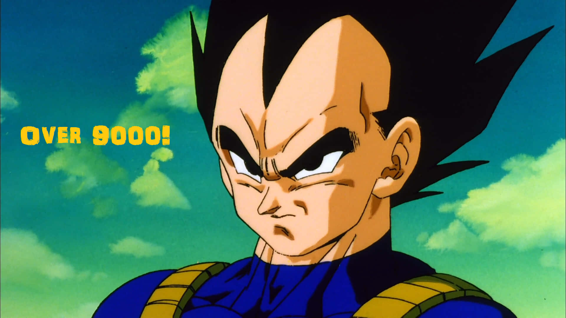 Cool Vegeta 桌布 壁紙 — 動畫角色貝吉塔，黑色刺蝟頭，眼神凌厲，背景是青綠色天空搭配黃色雲朵，還有「OVER 9000!」文字。