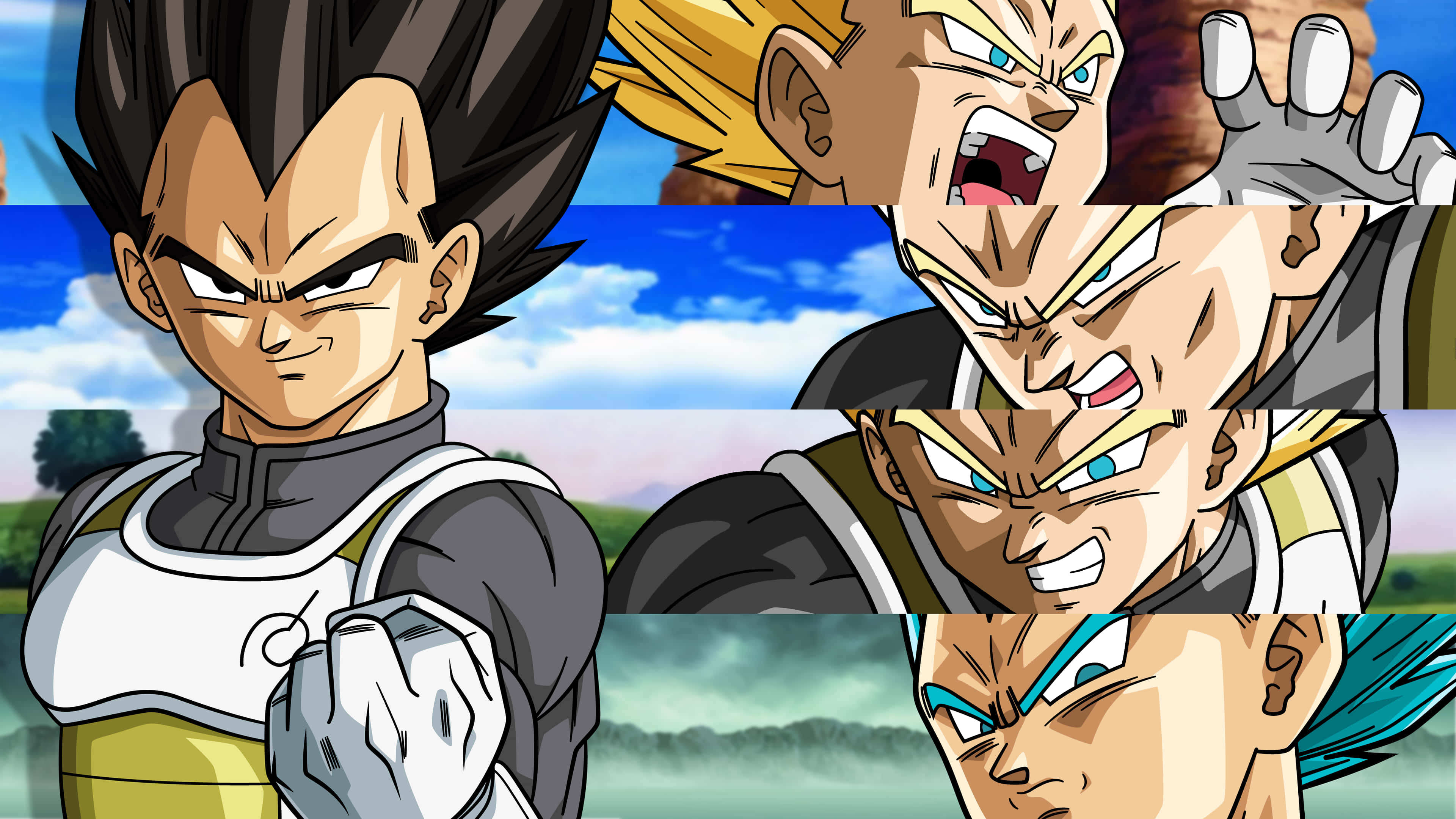 Cool Vegeta 桌布 壁紙 — 動畫角色貝吉塔以多種兇猛表情和力量形態，以天空為背景。
