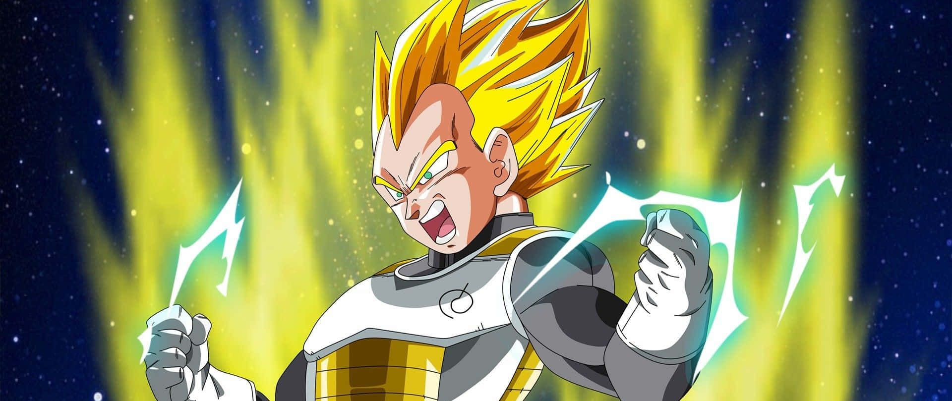 Vegeta Super Saiyan 2 桌布 壁紙 — 動畫角色貝吉塔以超級賽亞人形態，在星光宇宙背景下咆哮，拳頭發光。
