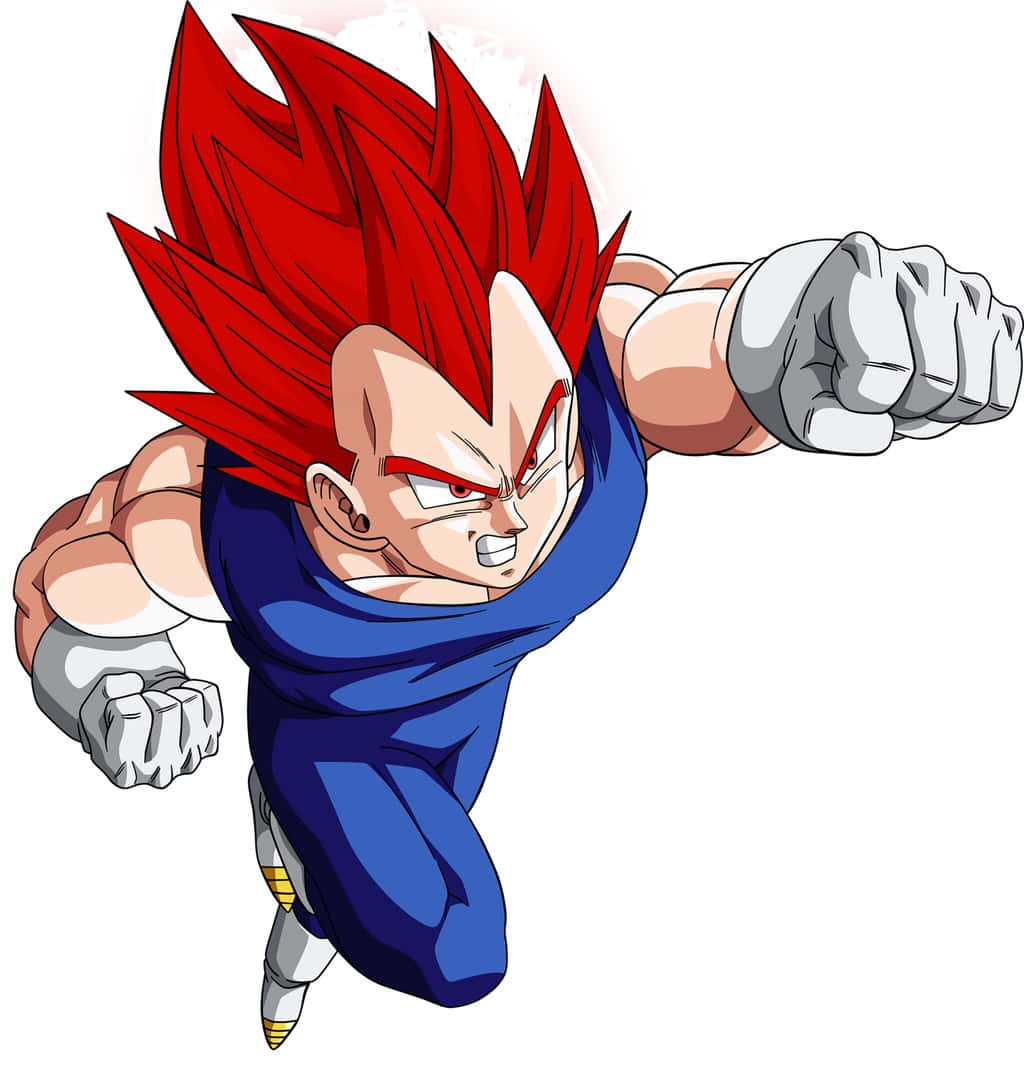 Vegeta Super Saiyan God 桌布 壁紙 — 動畫角色貝吉塔以超級賽亞人形態，紅髮握拳，在白色背景前向前衝。
