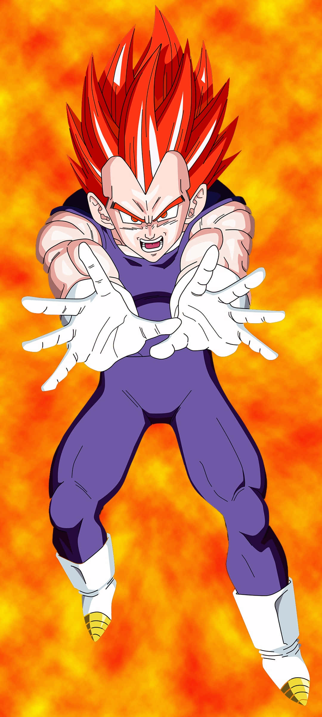 Vegeta Super Saiyan God 桌布 壁紙 — 動畫角色貝吉塔以超級賽亞人形態，紅髮紫衣，強勢地站在火熱的橙色背景前。