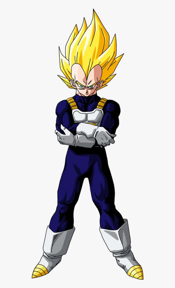 Vegeta Super Saiyan 2 桌布 壁紙 — 動畫角色貝吉塔以超級賽亞人形態交叉雙臂站在純色背景前。