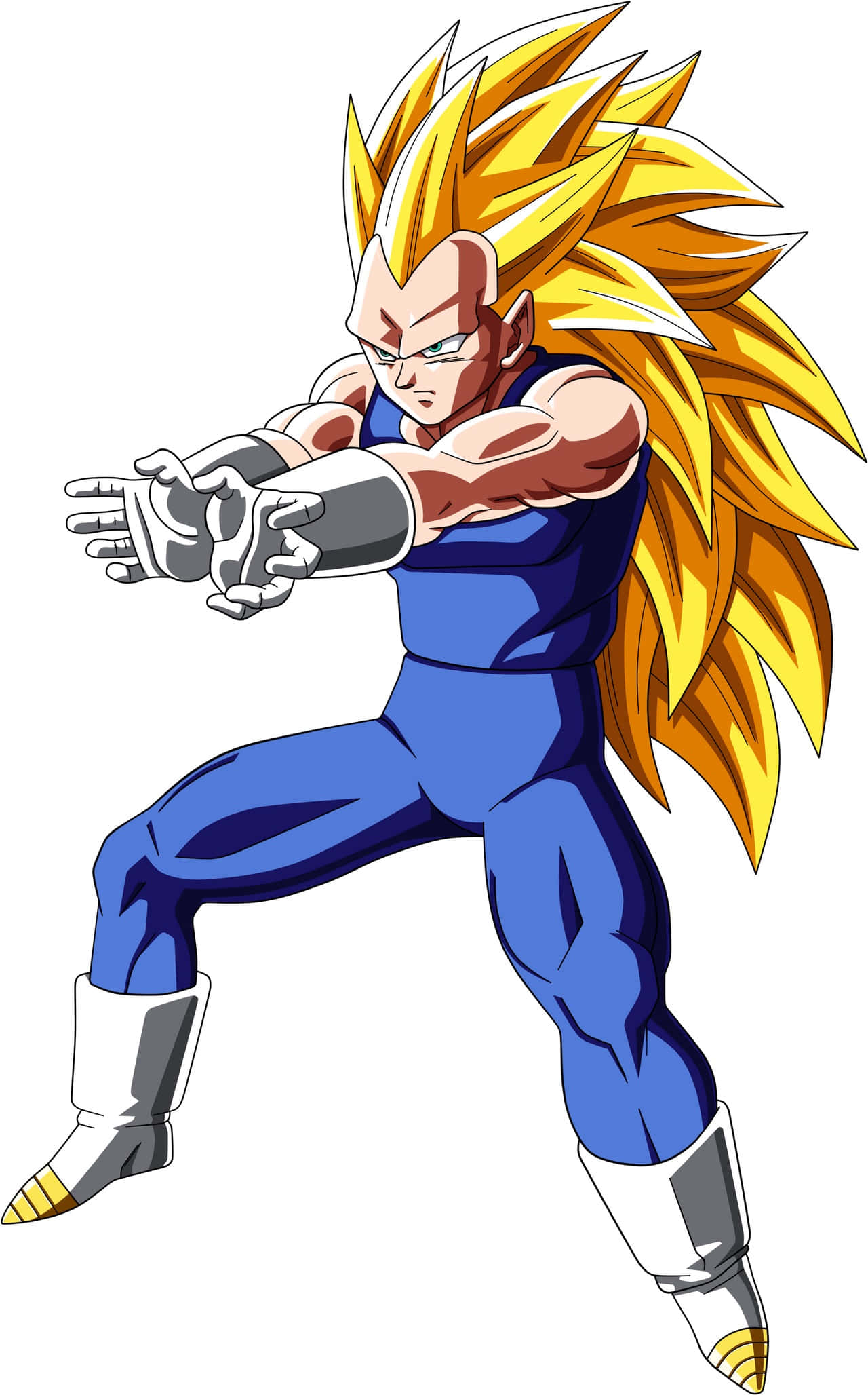 Vegeta Super Saiyan 3 桌布 壁紙 — 動畫角色貝吉塔以超級賽亞人形態擺出強力戰鬥姿勢，擁有金色尖刺頭髮和藍色盔甲。