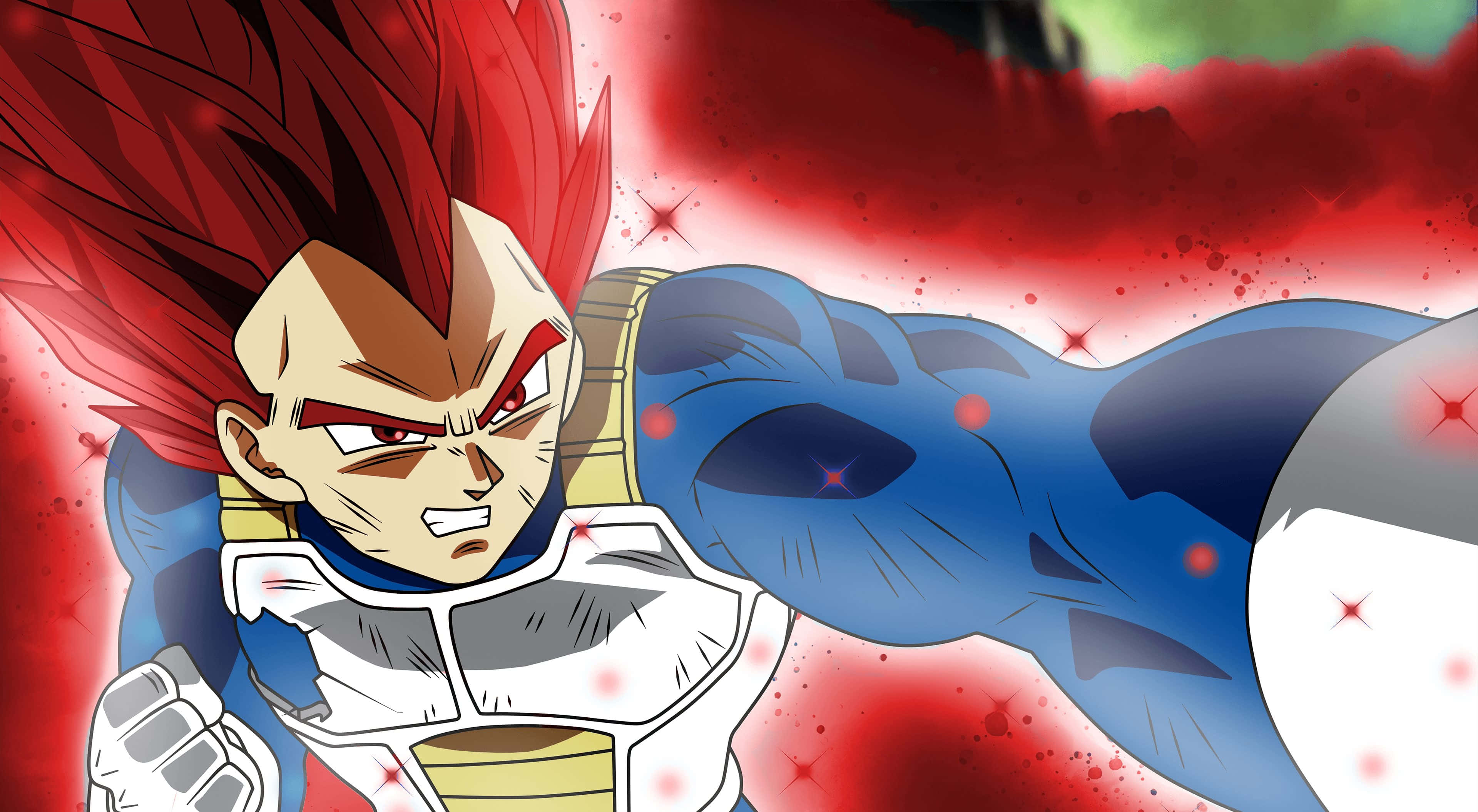 Vegeta Art 桌布 壁紙 — 動畫角色貝吉塔以超級賽亞人桃紅形態向前衝刺，散發紅色氣場，表情激烈。