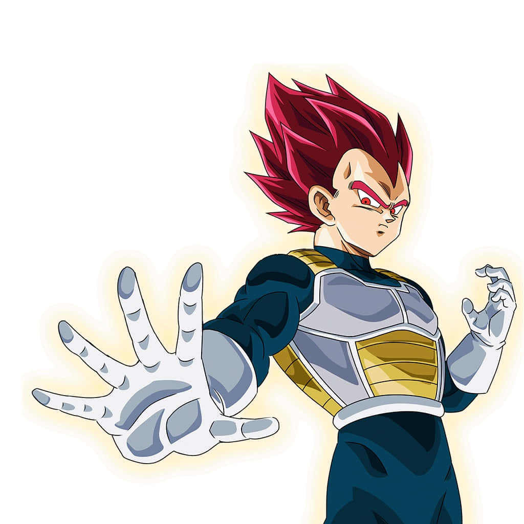 Vegeta Super Saiyan God 桌布 壁紙 — 動畫角色貝吉塔以超級賽亞人玫瑰形態呈現，擁有發光的紅髮和強烈的表情，背景為純白色。