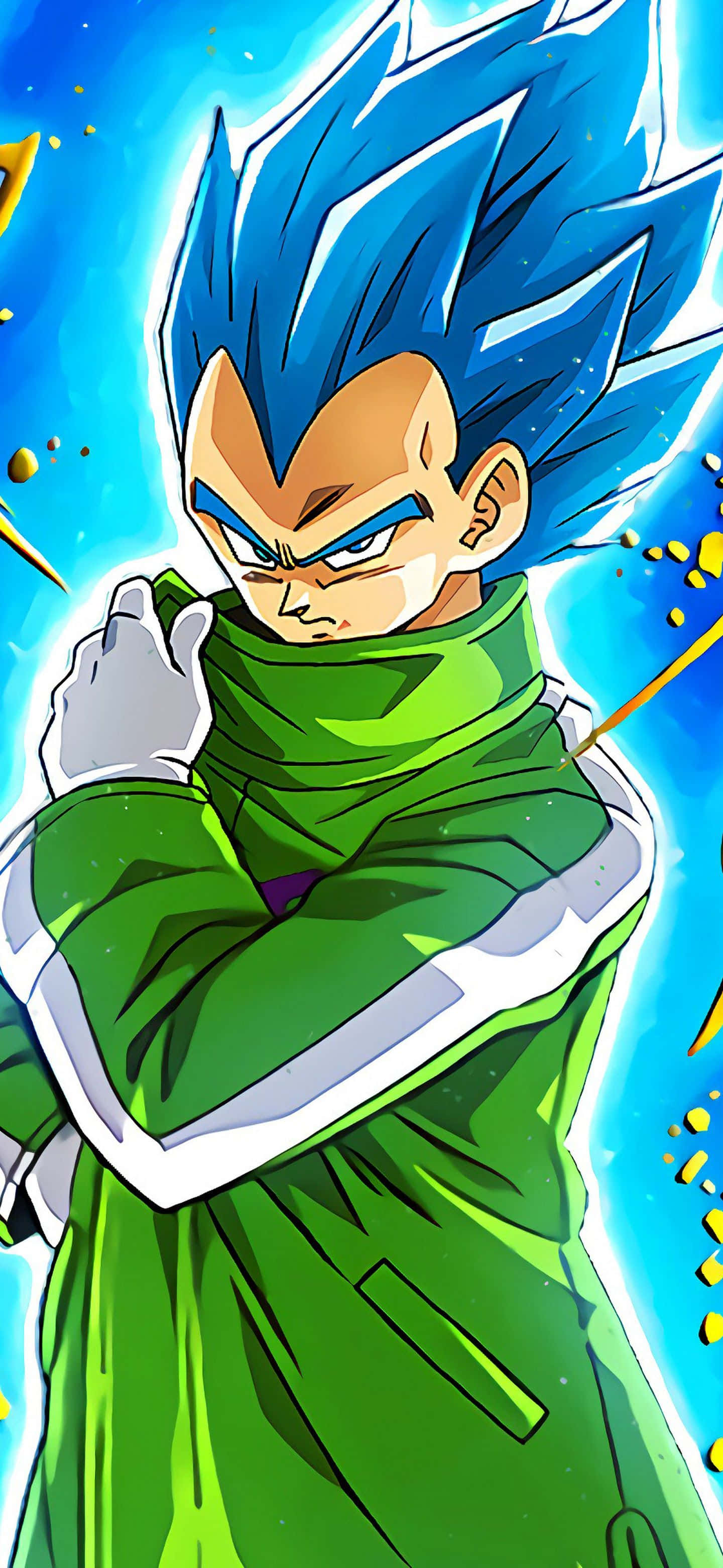 Vegeta Super Saiyan Blue 桌布 壁紙 — 動畫角色貝吉塔以超級賽亞人藍形態出現，擁有尖刺藍色頭髮和綠色道服，在明亮的藍色背景下散發能量。