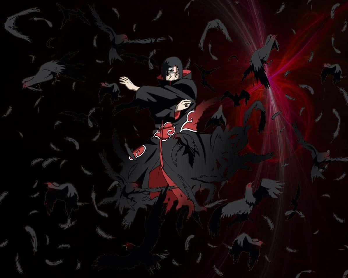 Genjutsu 桌布 壁紙 — 動畫角色身穿帶有紅色雲紋的黑色斗篷，在黑暗背景中於旋轉的紅色能量中召喚一群烏鴉。