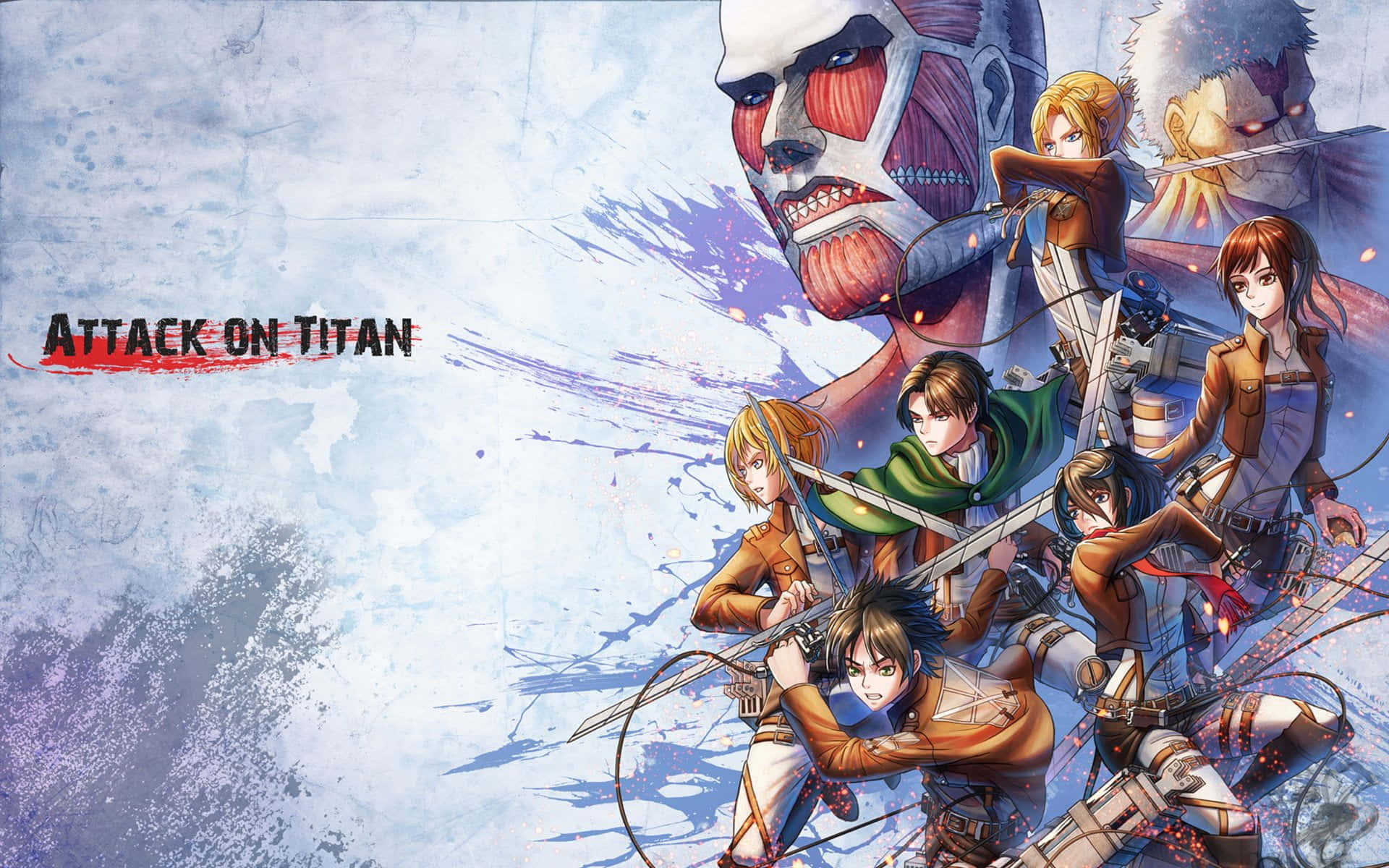 Attack On Titan Poster 桌布 壁紙 — 動畫角色身穿戰鬥裝備，在暴風雨般的藍色背景中與巨大的人形巨人交戰。