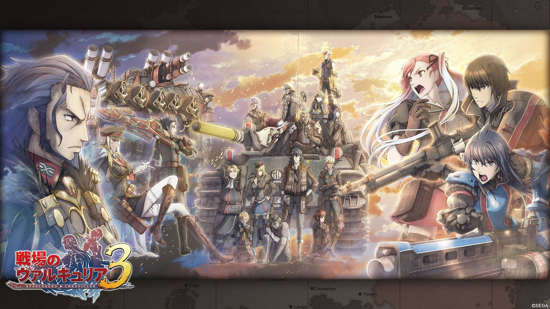 Valkyria Chronicles 桌布 壁紙 — 動畫角色身穿戰鬥裝備，站在坦克和機械上，背景是戲劇性的日落天空。