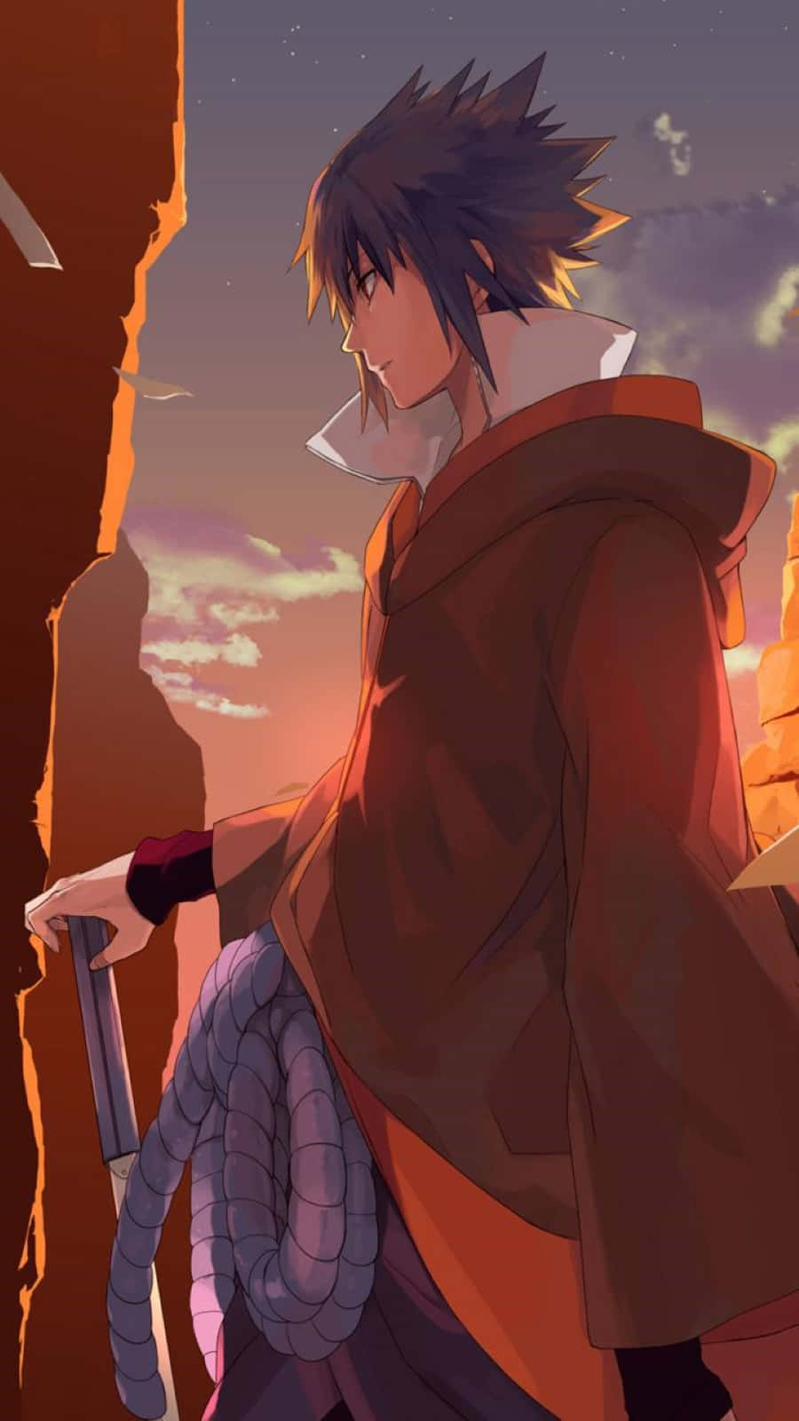 Akatsuki Sasuke 桌布 壁紙 — 動畫角色身穿橙色斗篷，在日落時分站在懸崖旁，手持劍，身邊有一條盤繞的蛇。