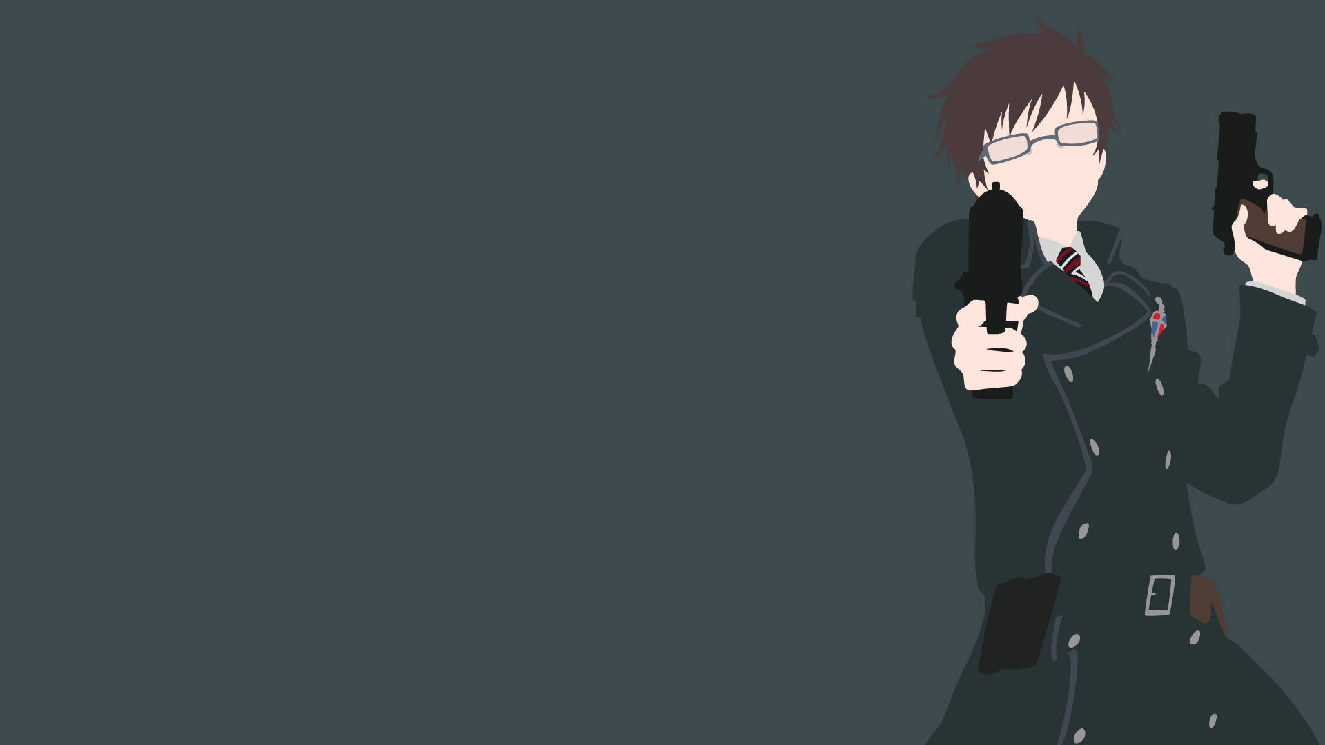 Blue Exorcist 桌布 壁紙 — 動畫角色身穿深色外套，手持兩把手槍，背景為柔和的灰色。