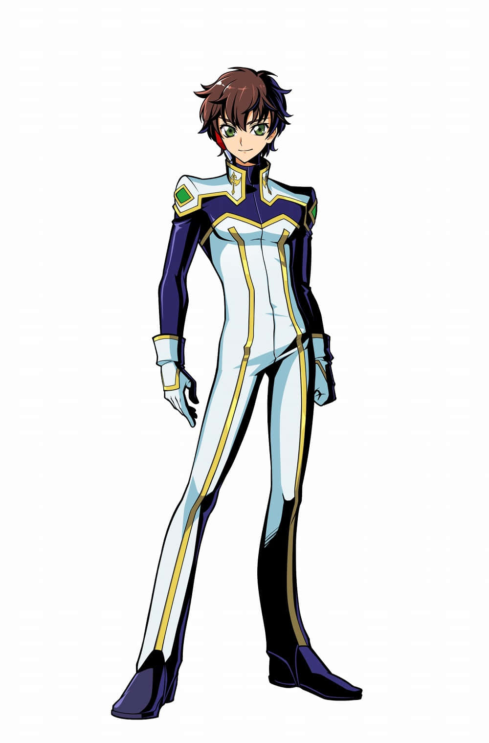 Suzaku Kururugi 桌布 壁紙 — 動畫角色身穿白色、紫色和金色的飛行員服，自信地站在純白色背景前。
