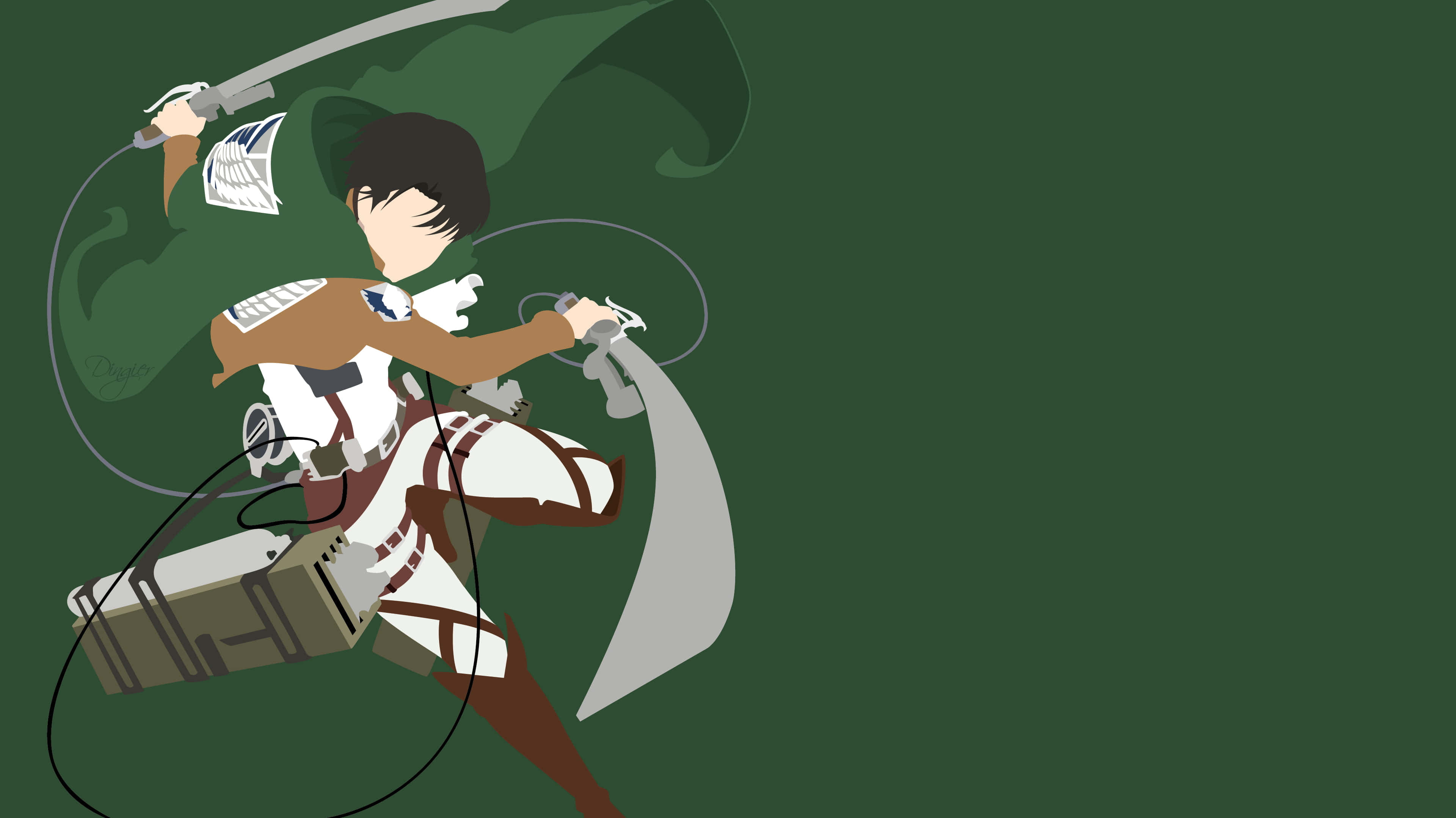 Attack On Titan Poster 桌布 壁紙 — 動畫角色身穿白色和棕色裝備，在深綠色背景上揮舞帶有抓鉤的劍。