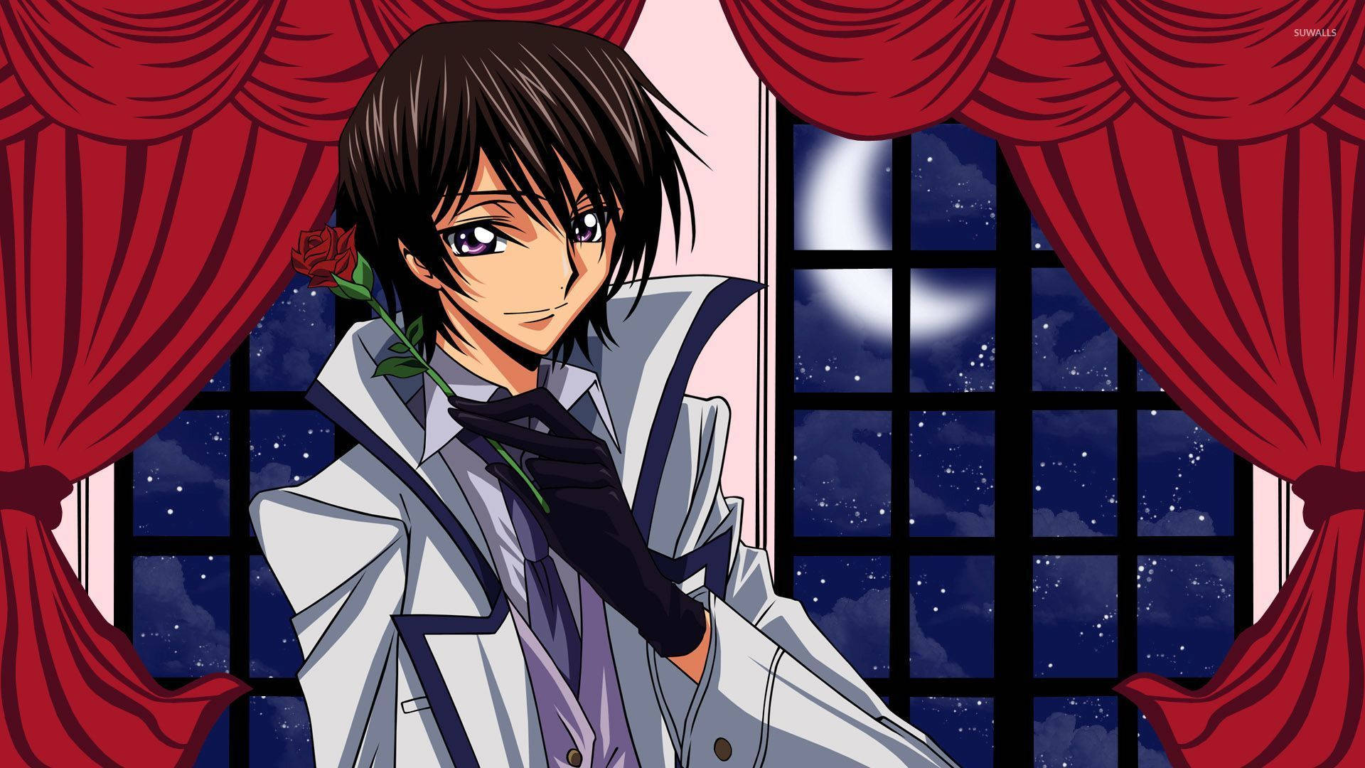lelouch lamperouge 桌布 壁紙 — 動畫角色身穿白色外套，在月光照耀的窗邊手持玫瑰，窗框由紅色窗簾圍繞。