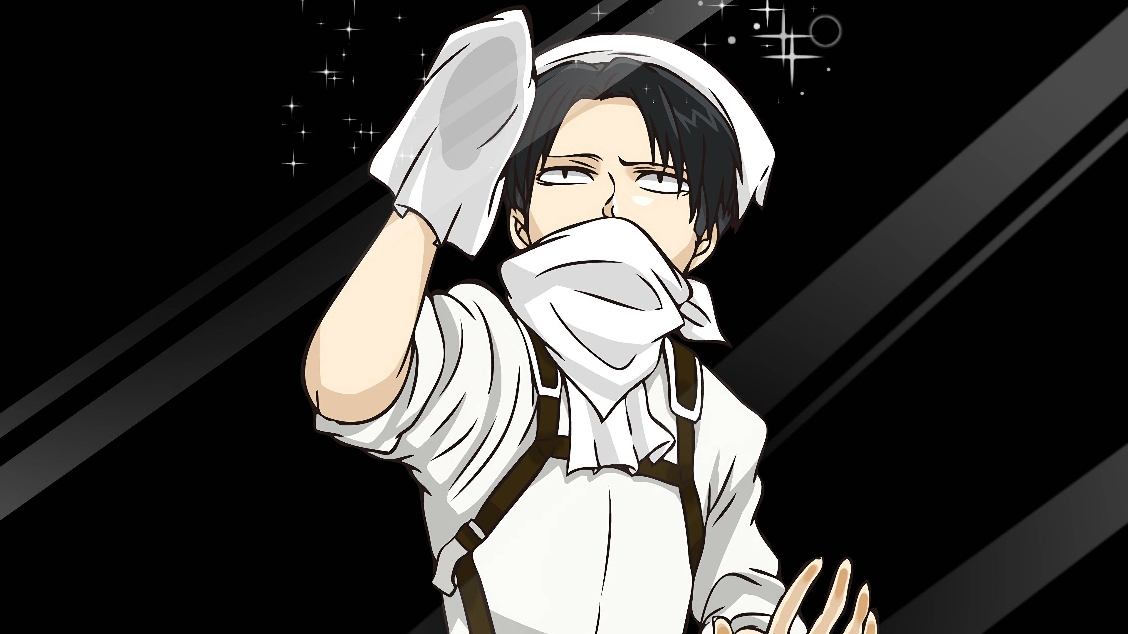 levi aesthetic 桌布 壁紙 — 動畫角色身穿白色女僕裝，在深色斜紋背景上用毛巾擦拭額頭。