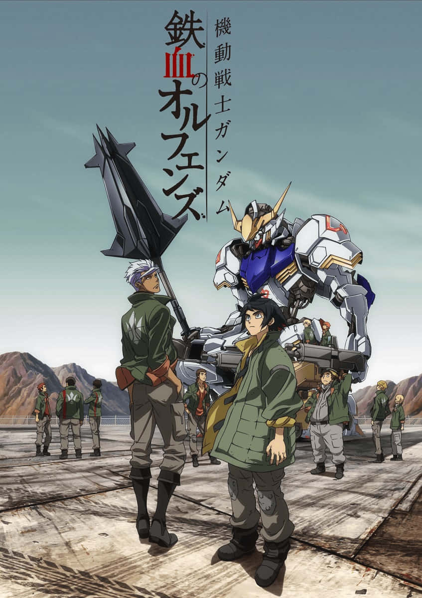 Mobile Suit Gundam Iron-blooded Orphans 桌布 壁紙 — 動畫角色身穿綠色制服，站在一座高聳的白色和藍色機動戰士前，天空蒼白。
