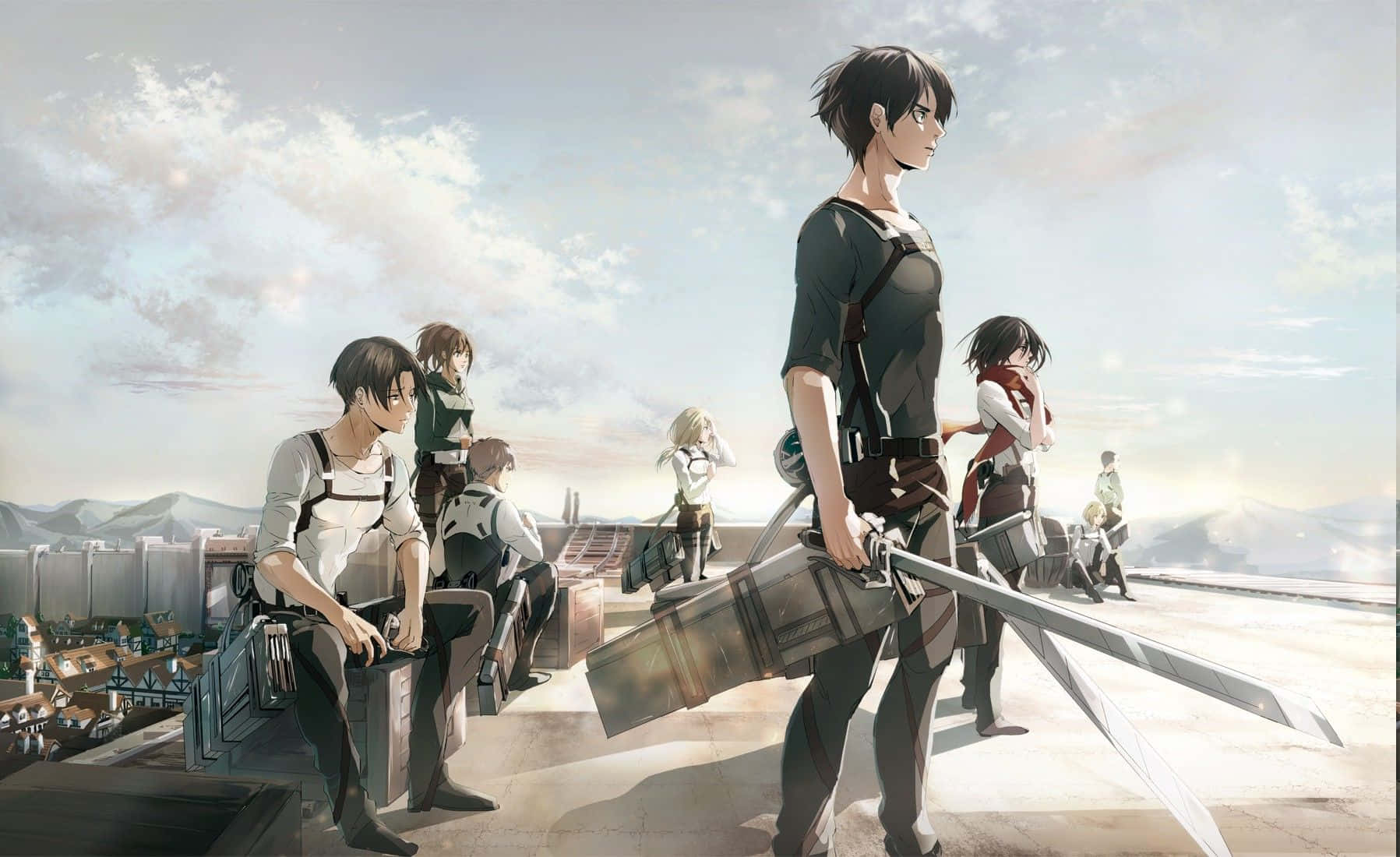 Attack On Titan Season 3 桌布 壁紙 — 動畫角色身穿調查兵團裝備，站在城牆上俯瞰明亮天空下的城市景觀。