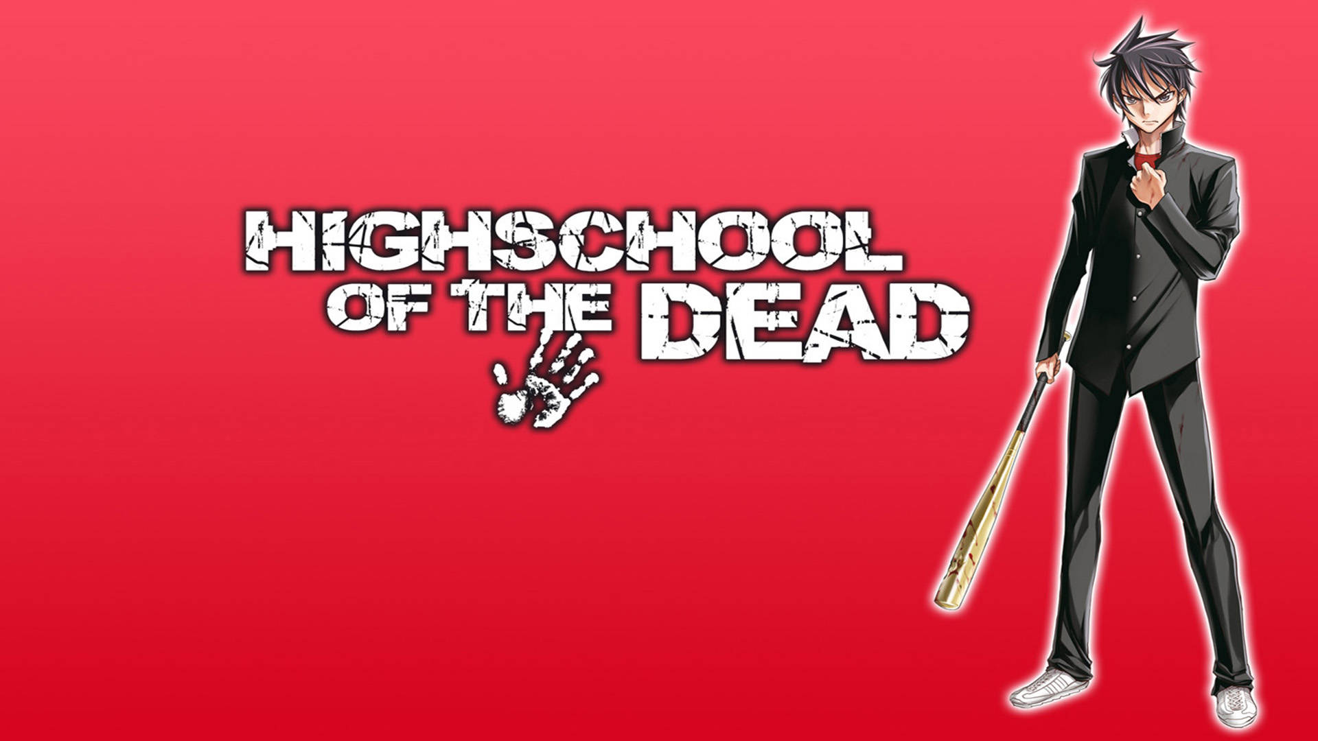 dead 桌布 壁紙 — 動畫角色身穿黑色西裝，手持棒球棍，站在大膽的紅色背景上，旁邊是「Highschool of the Dead」標題。