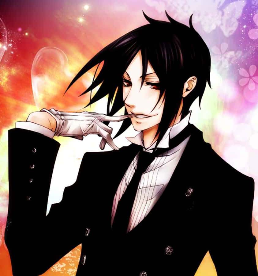 sebastian michaelis 桌布 壁紙 — 動畫角色身穿黑色西裝，手持香煙，背景充滿活力、火焰和花卉元素。