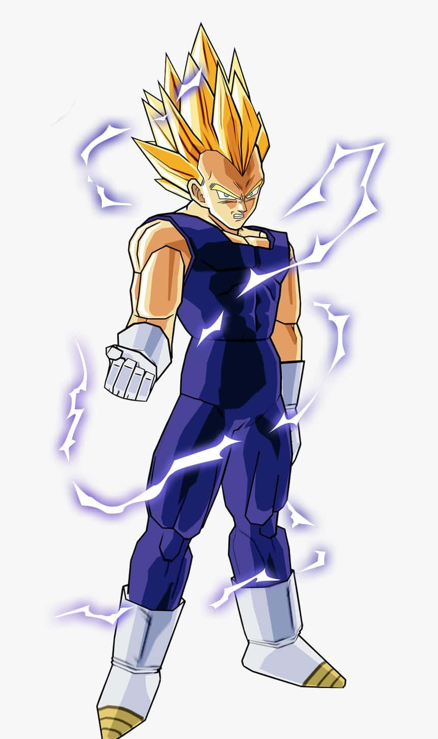Vegeta Super Saiyan 2 桌布 壁紙 — 動畫角色達爾以超級賽亞人形態，被劈啪作響的閃電包圍，在純色背景前強勢站立。