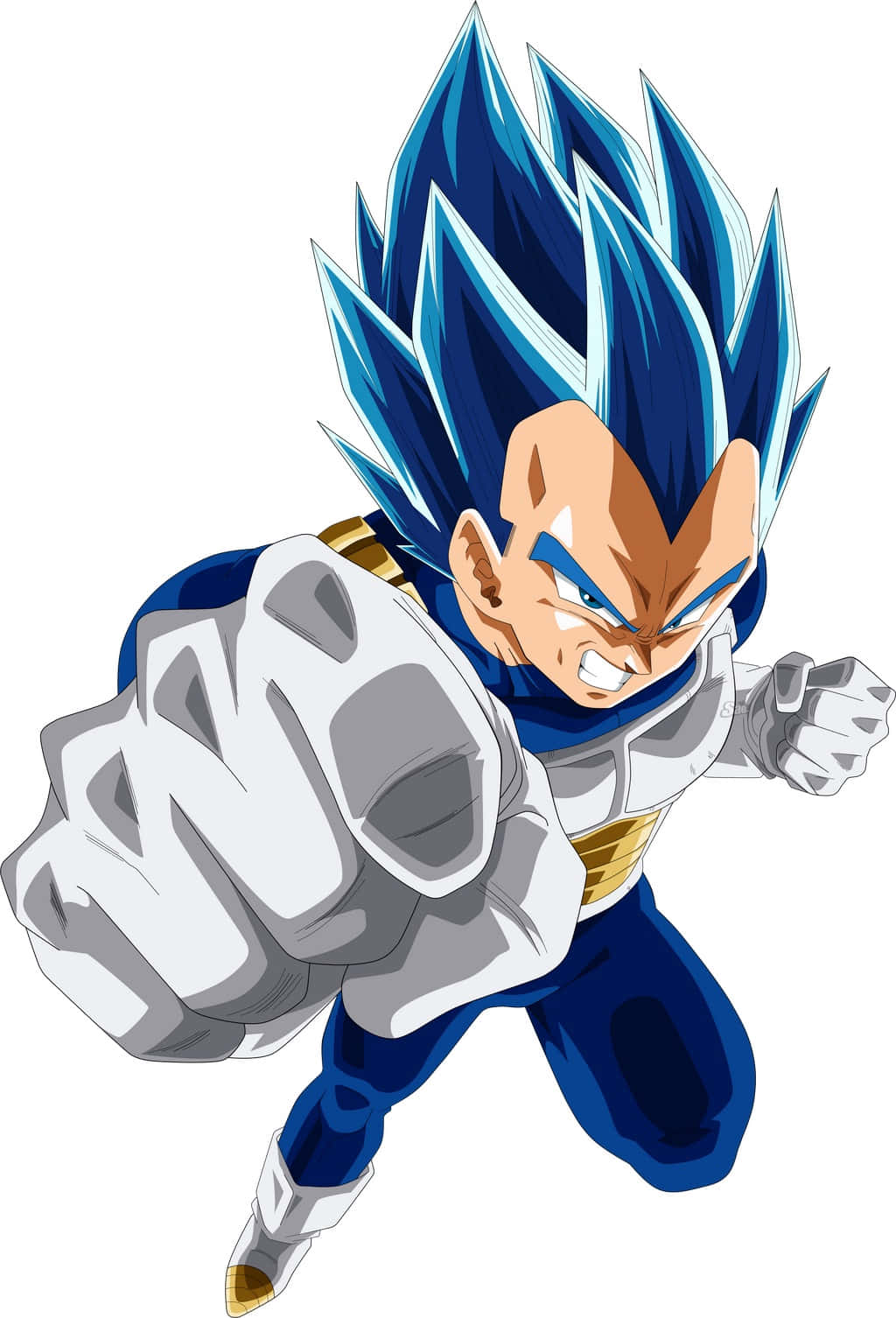 Vegeta Super Saiyan Blue 桌布 壁紙 — 動畫角色達爾以超級賽亞人藍形態，在白色背景前以強烈表情向前揮拳。