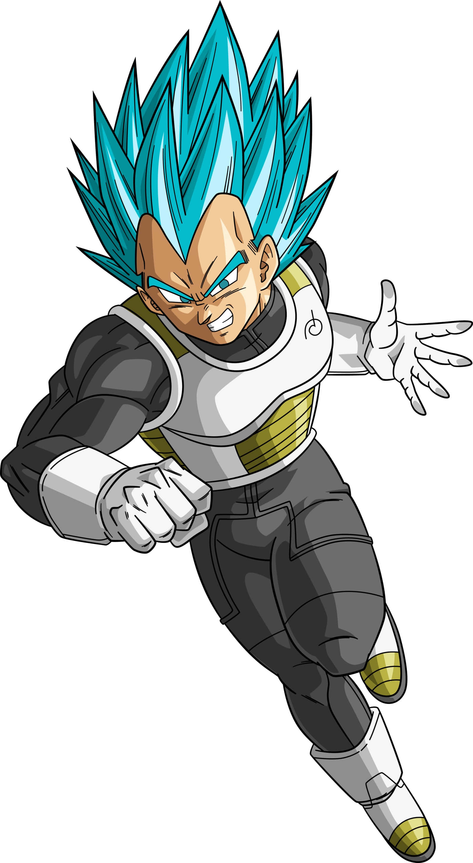 Vegeta Super Saiyan Blue 桌布 壁紙 — 動畫角色達爾以超級賽亞人藍形態向前衝刺，帶有尖刺的青色頭髮和堅定的表情。