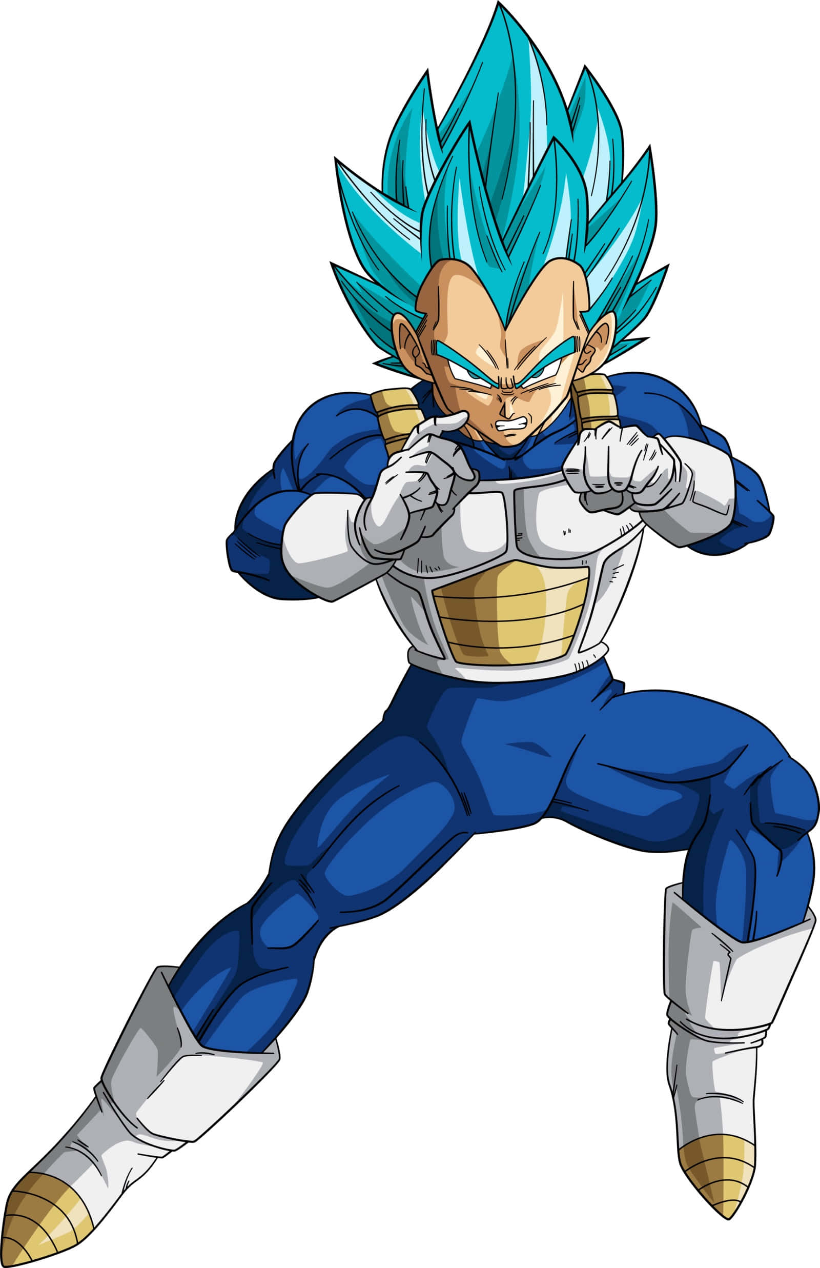 Vegeta Super Saiyan Blue 桌布 壁紙 — 動畫角色達爾以超級賽亞人藍形態擺出強力戰鬥姿勢，擁有發光的藍色頭髮和強烈的表情。