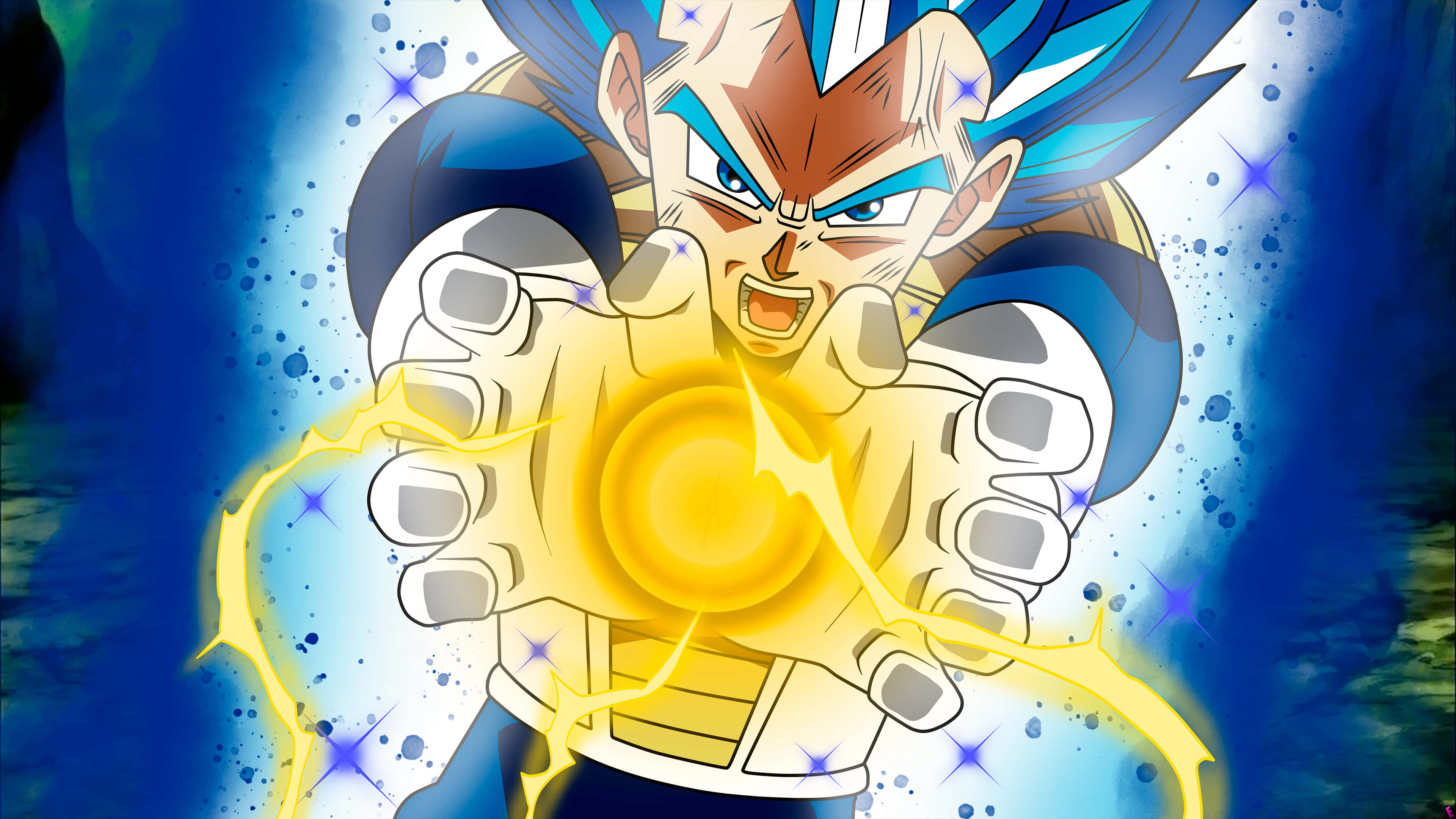 Cool Vegeta 桌布 壁紙 — 動畫角色達爾在動態藍色背景前，於雙掌之間引導出一個發光的黃色能量爆炸。