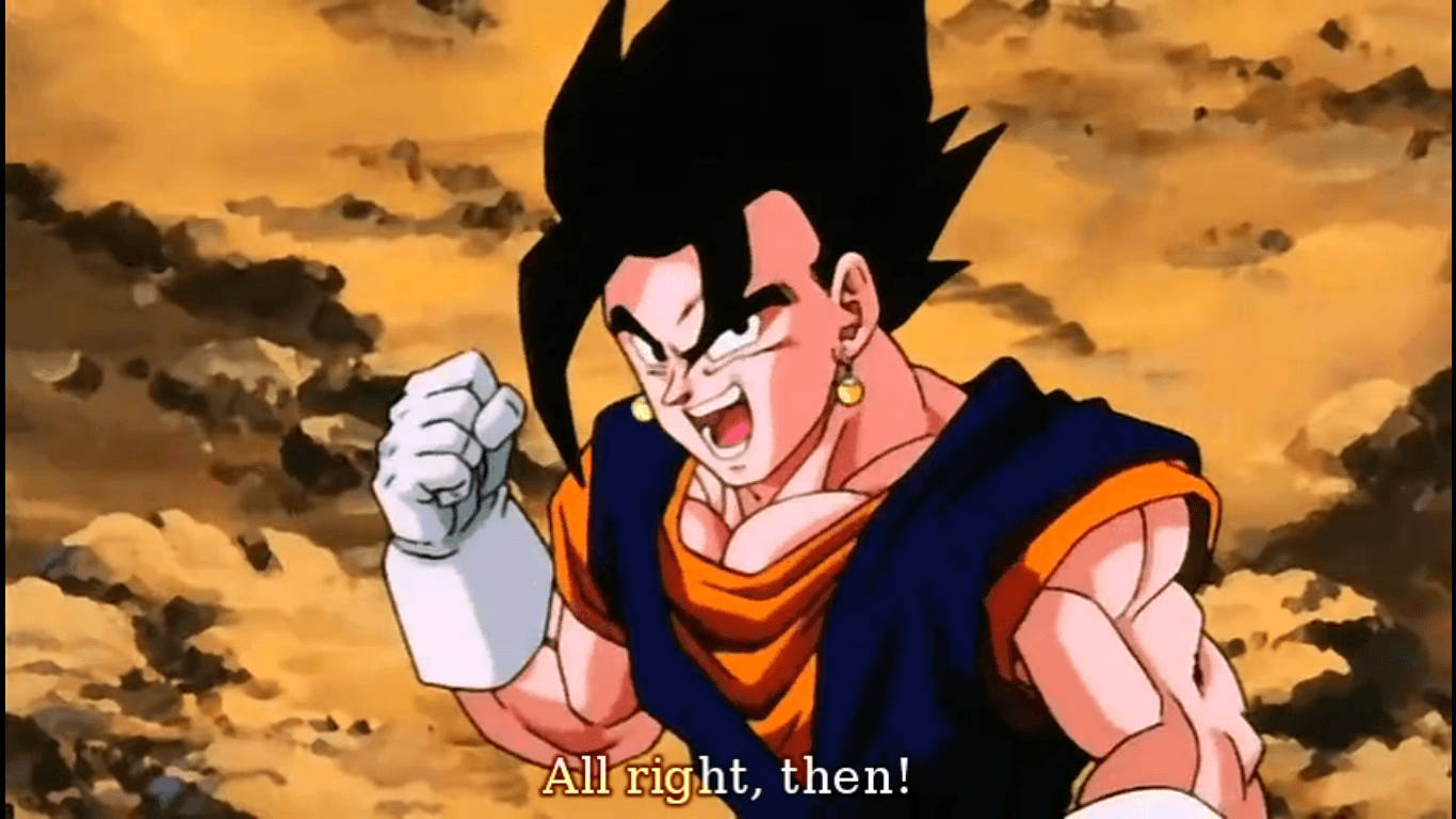 Vegito 桌布 壁紙 — 動畫角色達爾握緊拳頭，在熾熱的橙色和棕色岩石背景下咆哮。