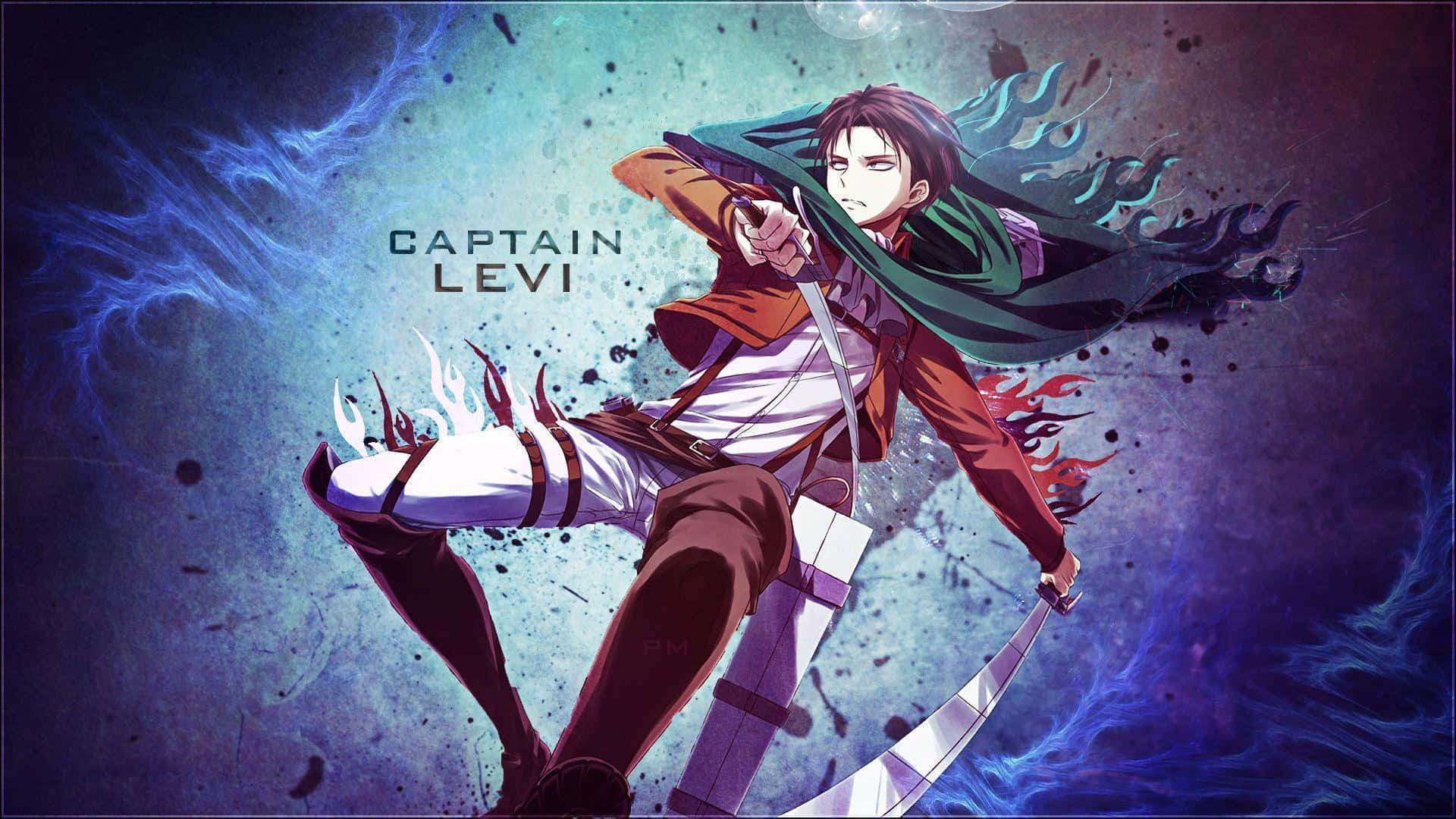 Levi Ackerman Desktop 桌布 壁紙 — 動畫角色里維兵長以動態姿勢揮劍，對抗旋轉的藍色和紅色能量，伴隨戲劇性燈光。