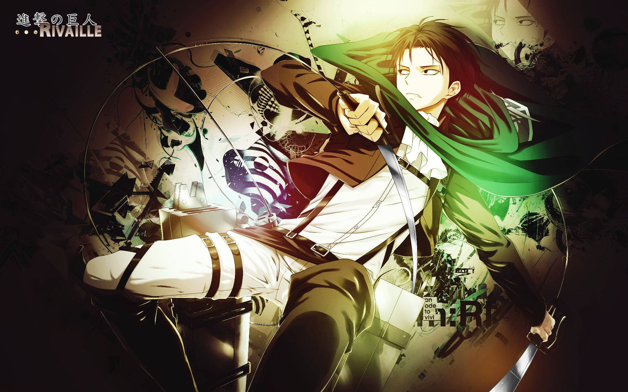 Levi 桌布 壁紙 — 動畫角色里維爾以動態戰鬥姿勢揮舞劍，綠色斗篷在黑暗粗糙的背景中飄揚。
