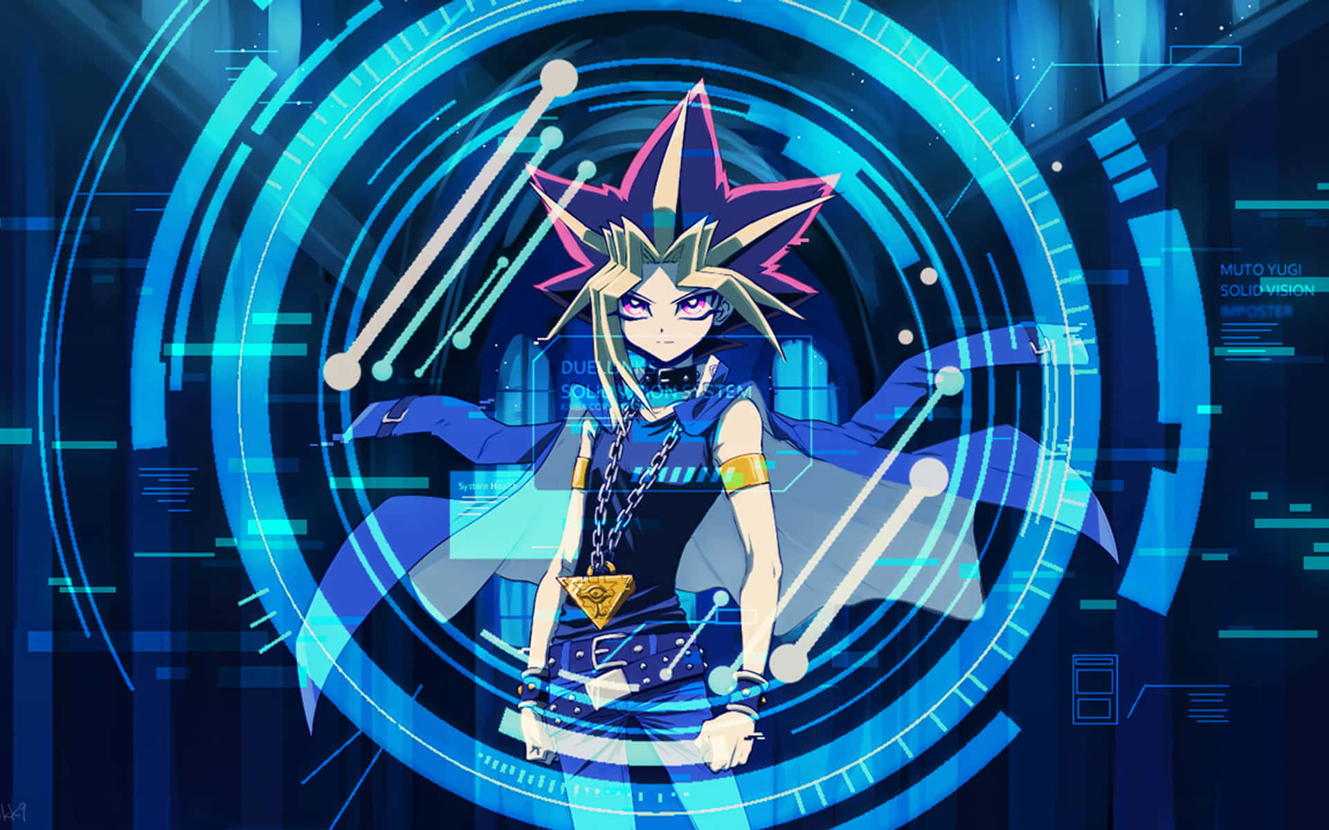 Yugi Muto 桌布 壁紙 — 動畫角色闇遊戲站在發光的藍色數位介面中央，帶有未來感的HUD元素和電路。