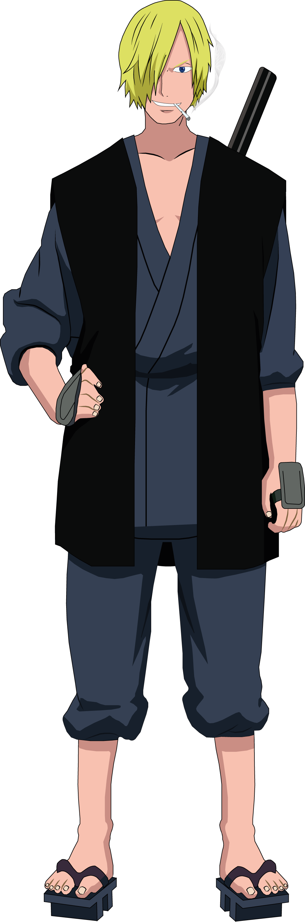 香吉士 桌布 壁紙 — 動畫角色香吉士自信地站立，身穿深藍色服裝、黑色背心和涼鞋，手持香菸和武器。