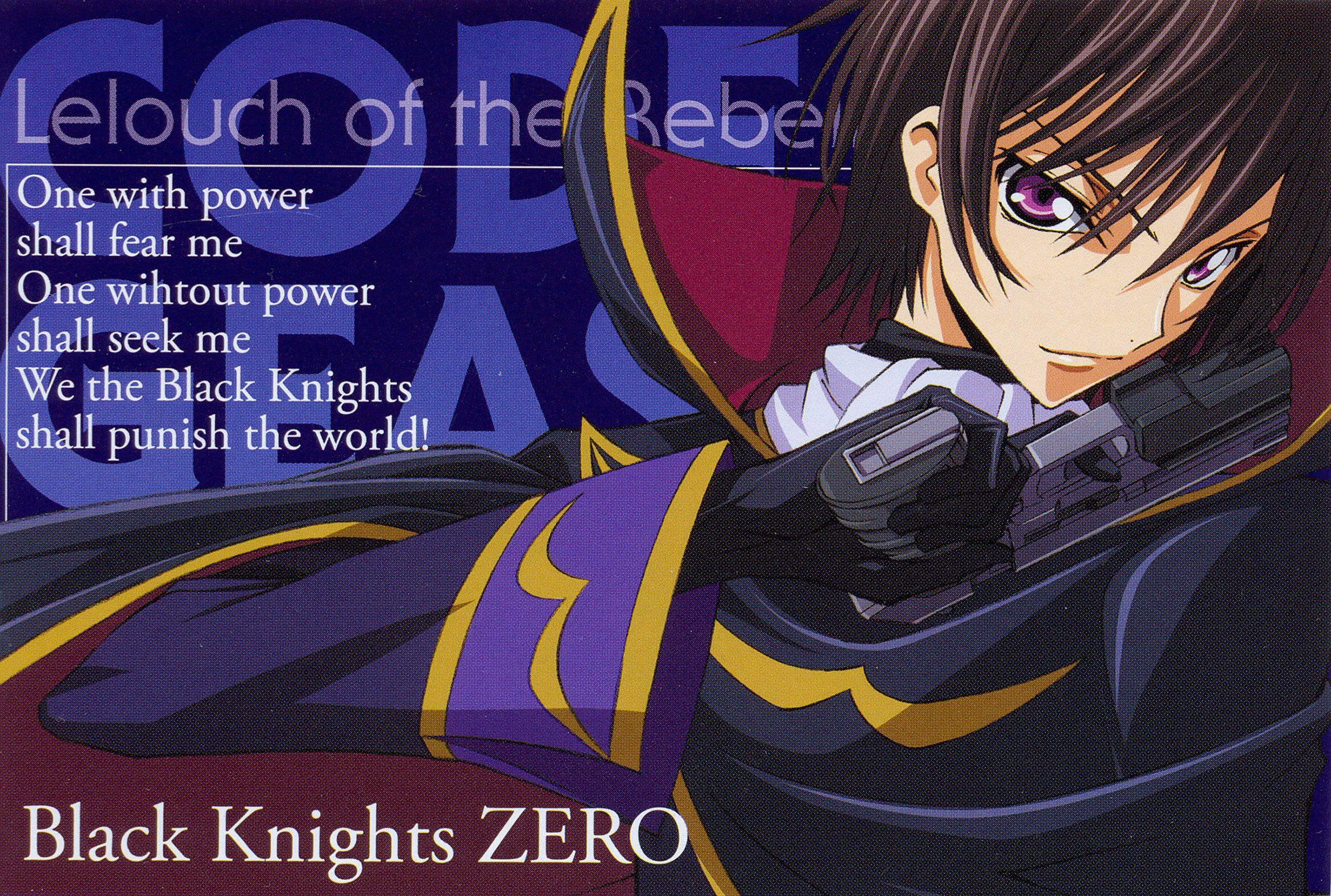 lelouch lamperouge 桌布 壁紙 — 動畫角色魯路修，紫色眼睛，黑色披風，在深藍色背景上持槍，附有文字。