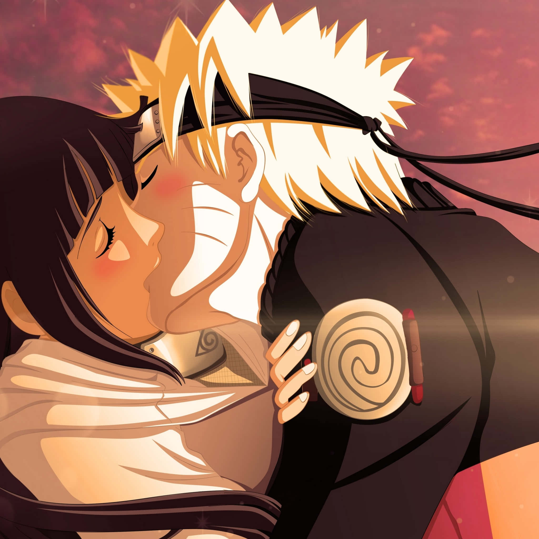 Naruto Anime 桌布 壁紙 — 動畫角色鳴人和雛田在溫暖的夕陽天空下，伴隨著柔和發光的粒子，分享了一個溫柔的吻。