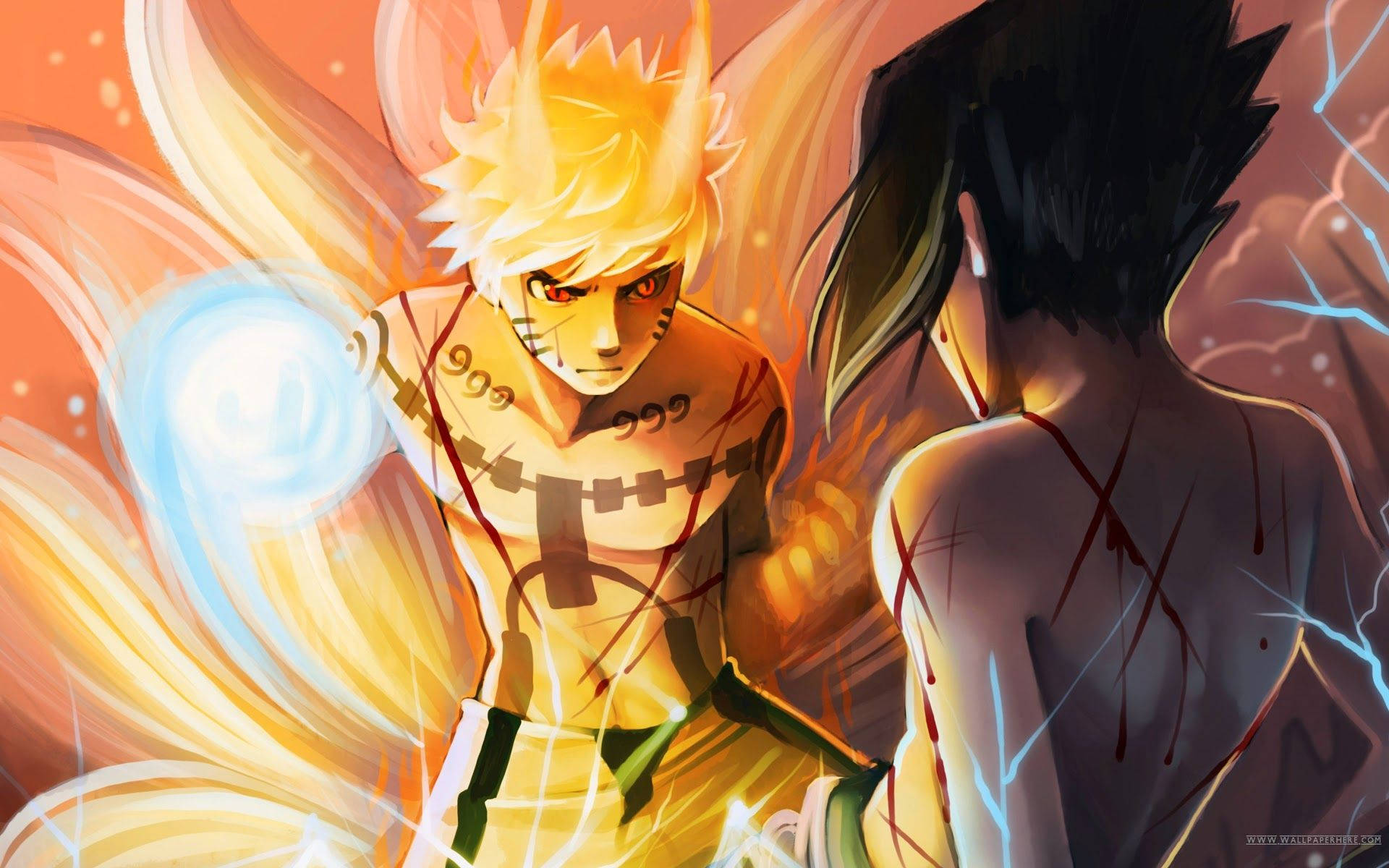 Naruto Nine Tails 桌布 壁紙 — 動畫角色鳴人在九尾查克拉模式下，在激烈的戰鬥場景中對抗一名血跡斑斑的對手。