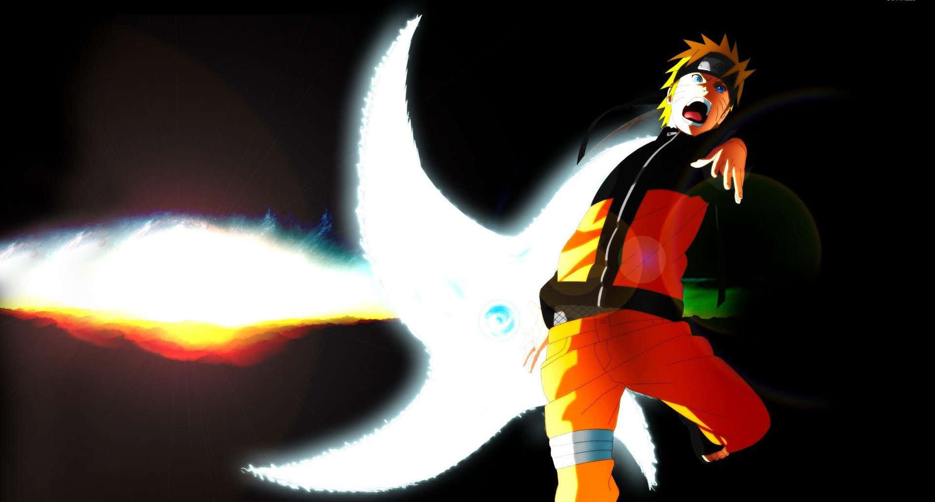 Naruto Rasengan 桌布 壁紙 — 動畫角色鳴人在黑暗背景中釋放出發光的螺旋丸，伴隨著熾熱的能量效果。