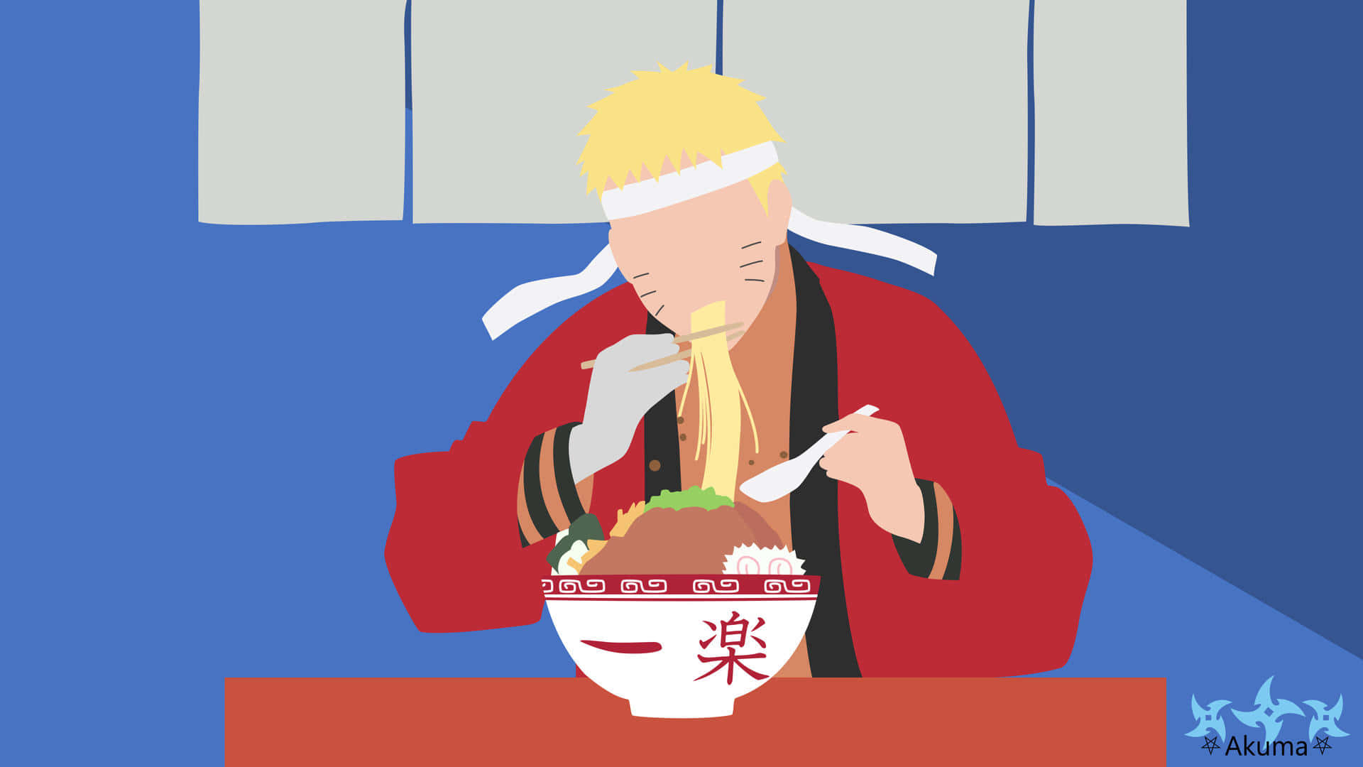 Naruto Ramen 桌布 壁紙 — 動畫角色鳴人用筷子和湯匙吃拉麵的風格化插圖。