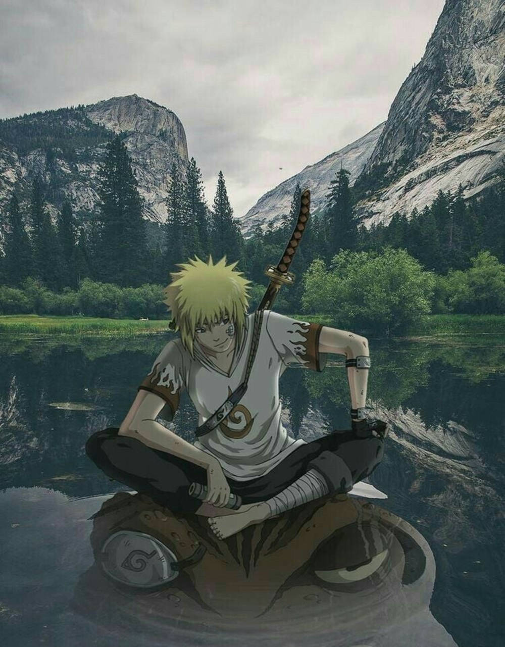 Aesthetic Naruto 桌布 壁紙 — 動畫角色鳴人盤腿坐在山湖中的岩石上，手持一把劍，身後是森林和懸崖。